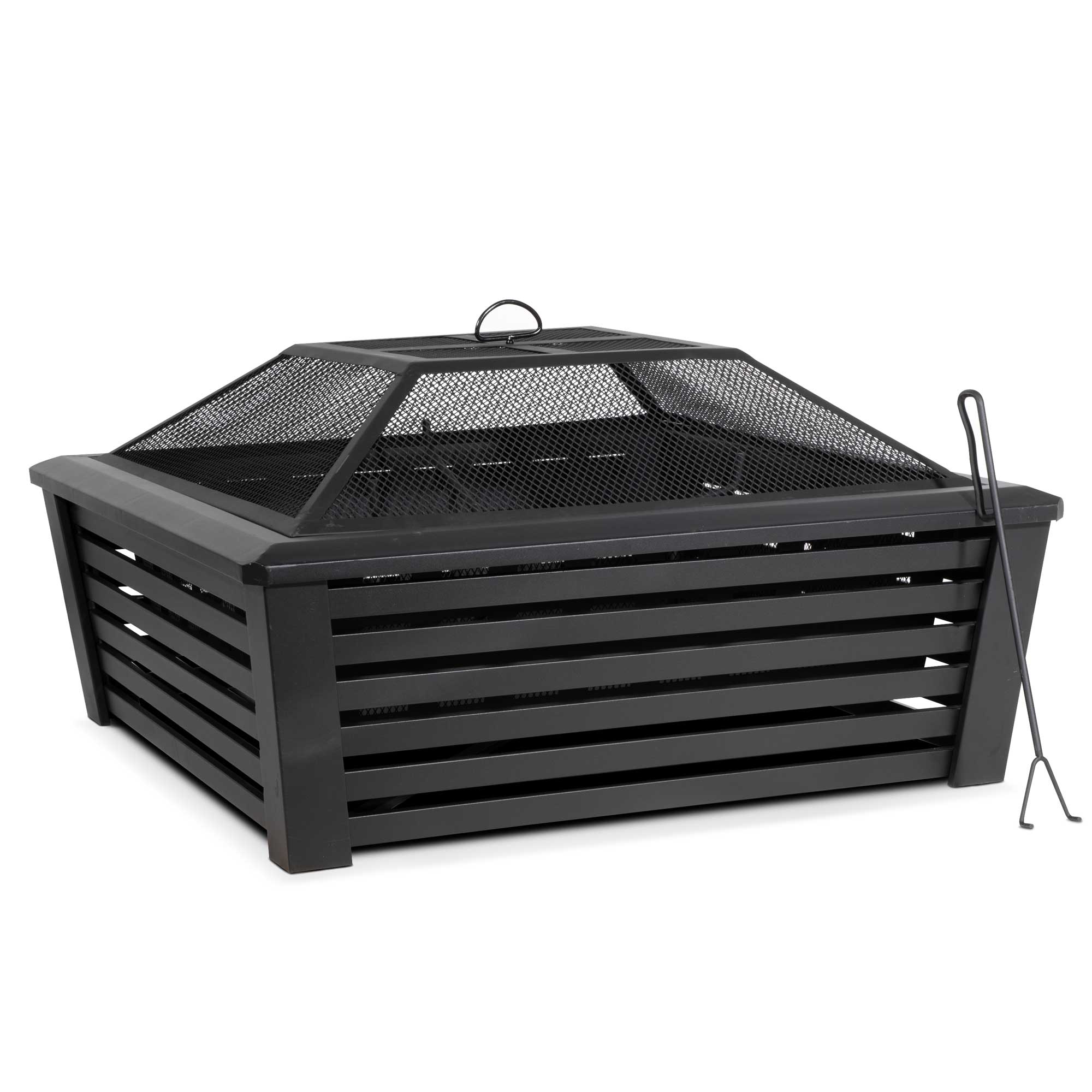 35" Square Outdoor Fire Pit, Mesh Screen Lid, Black with Water Resistant Drawstring Cover - DG238