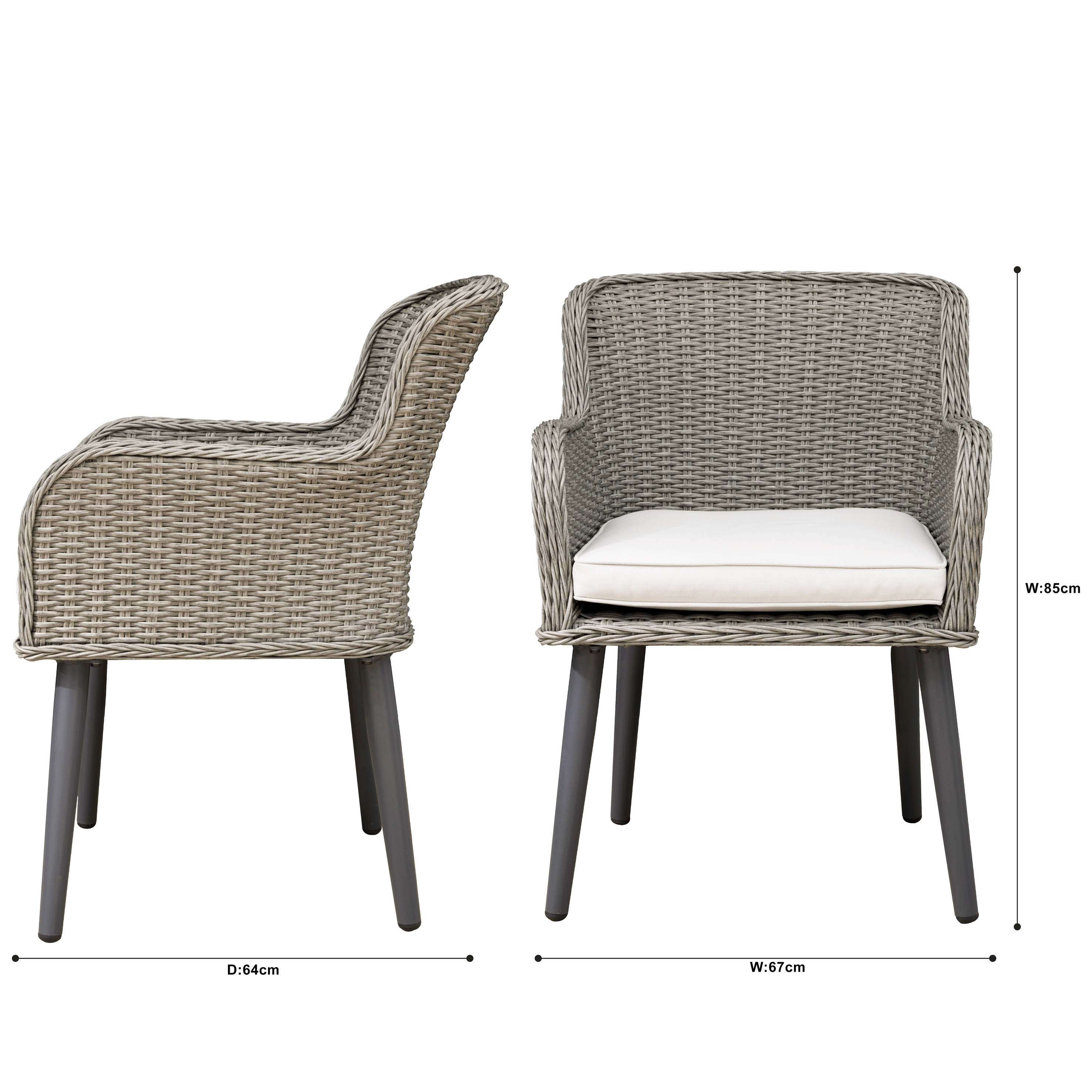 Buxton Rattan Wicker Outdoor Dining Armchair with Cushions, Set of 2, Grey - DG76