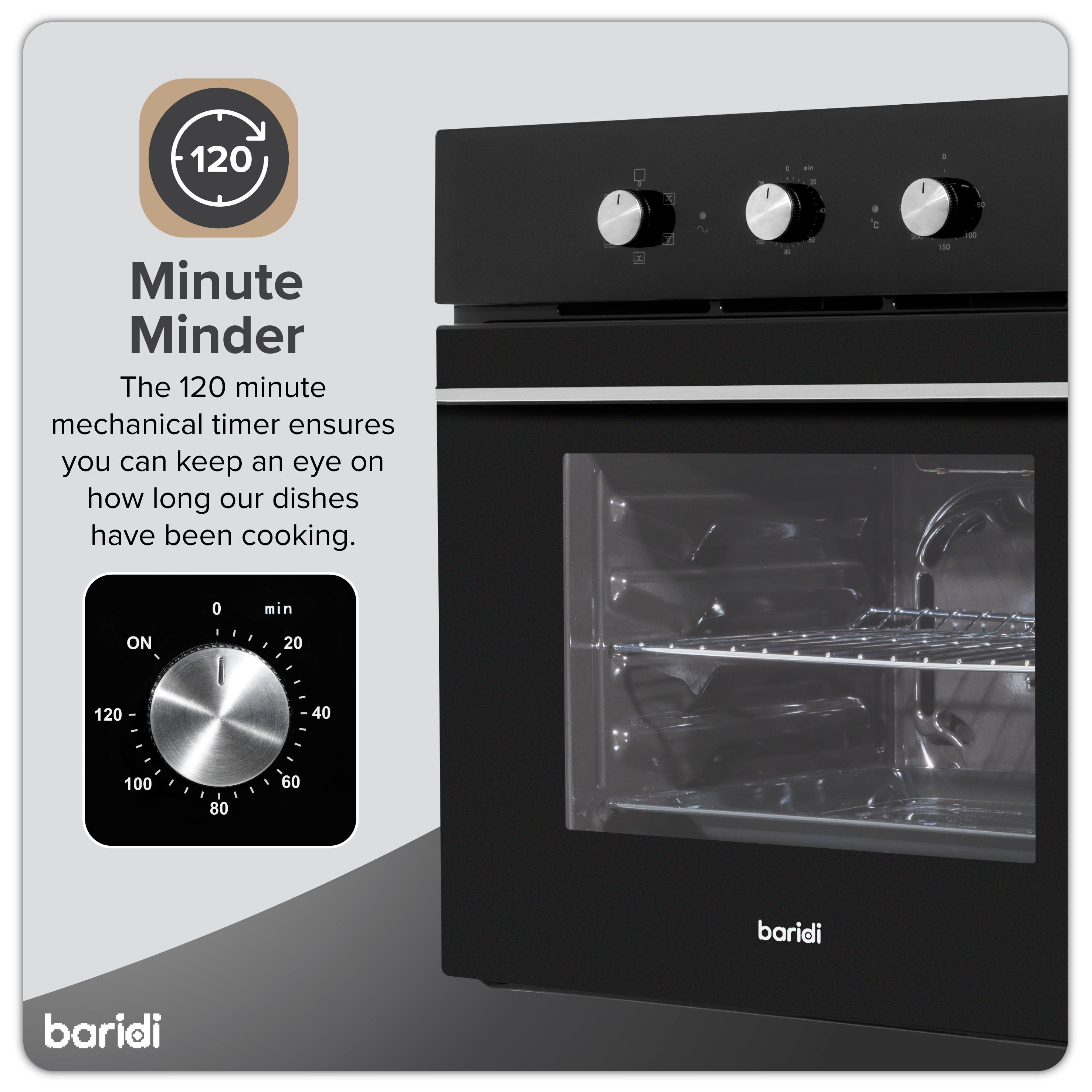 Baridi 60cm Built-In Five Function Fan Assisted Electric Oven with Timer, 55L Capacity, Black - DH110