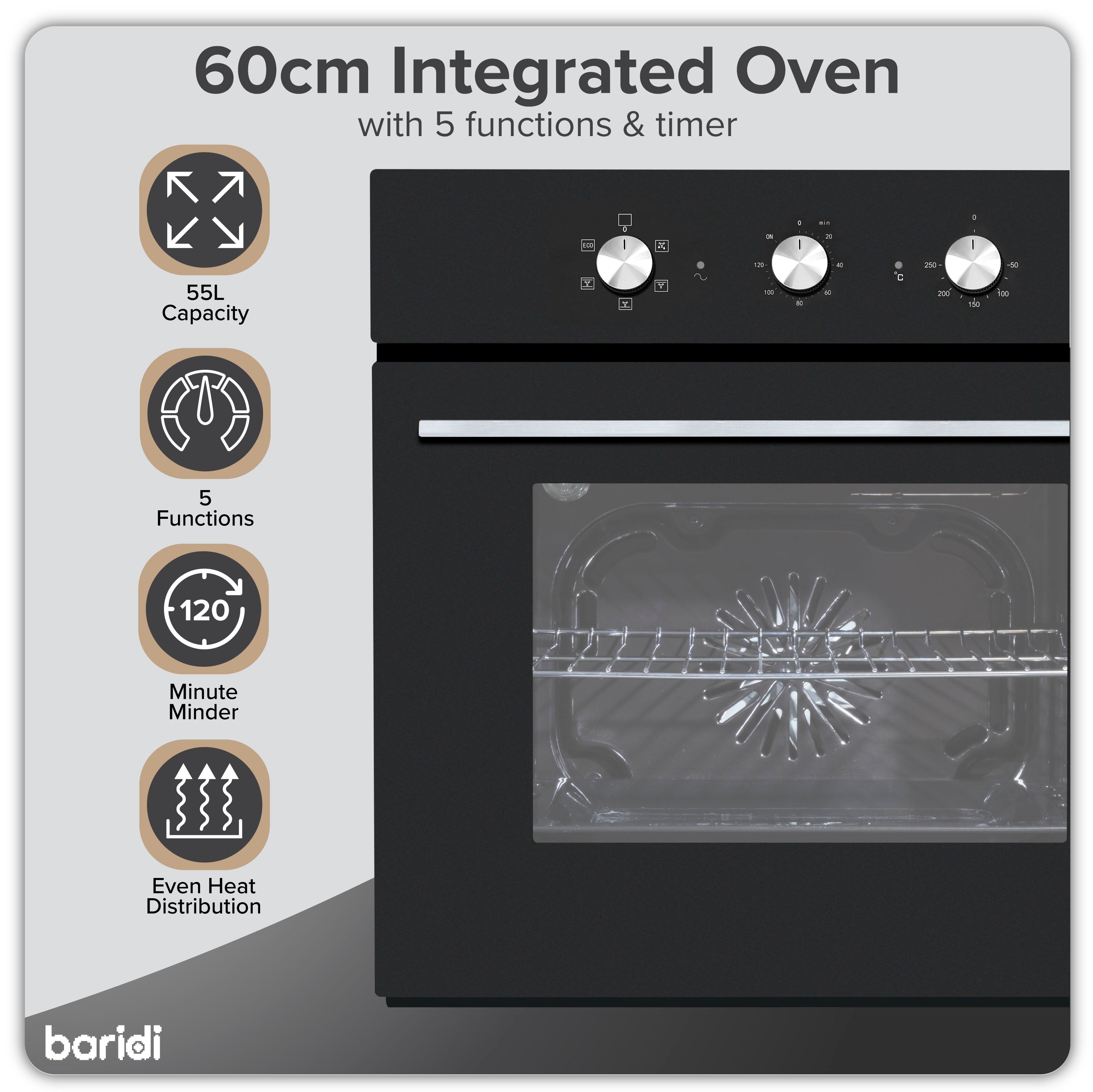 Baridi 60cm Built-In Five Function Fan Assisted Electric Oven with Timer, 55L Capacity, Black - DH110