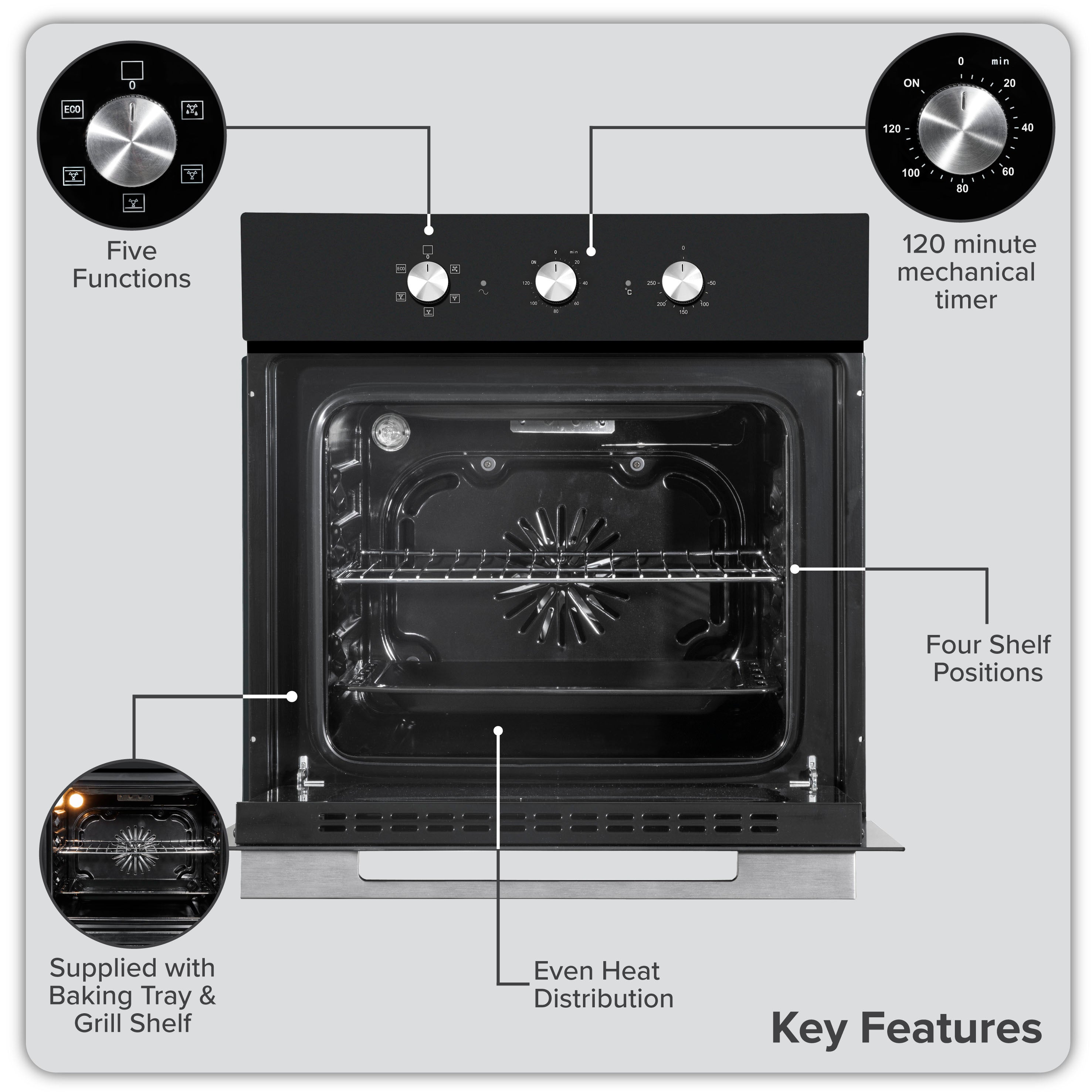 Baridi 60cm Built-In Five Function Fan Assisted Electric Oven with Timer, 55L Capacity, Black - DH110