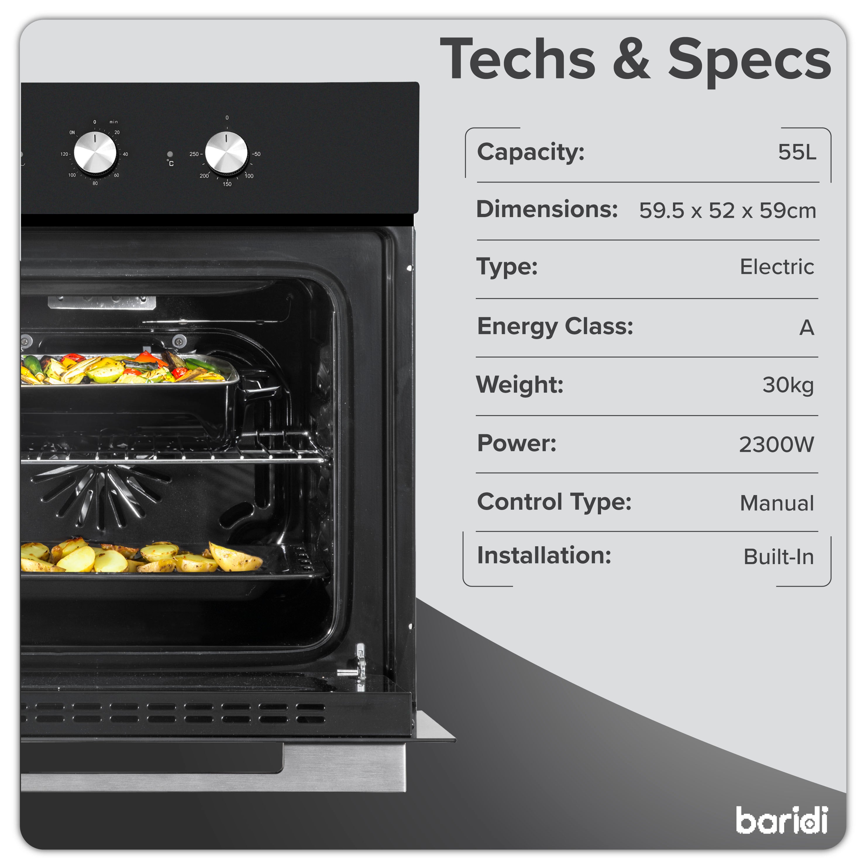 Baridi 60cm Built-In Five Function Fan Assisted Electric Oven with Timer, 55L Capacity, Black - DH110