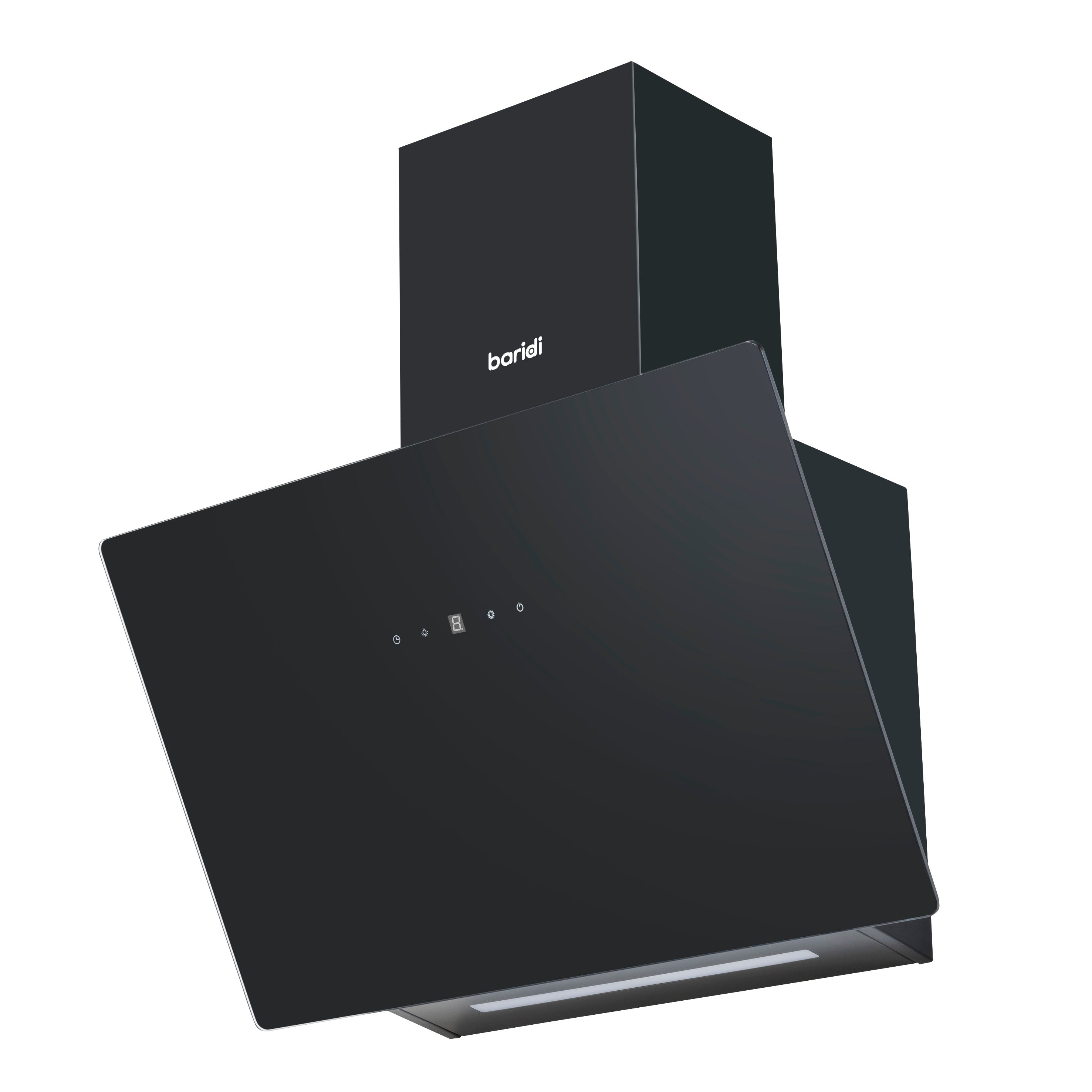 Baridi 60cm Angled Chimney Cooker Hood with Carbon Filters, Touch Controls & LED Lamp, Black Glass - DH105