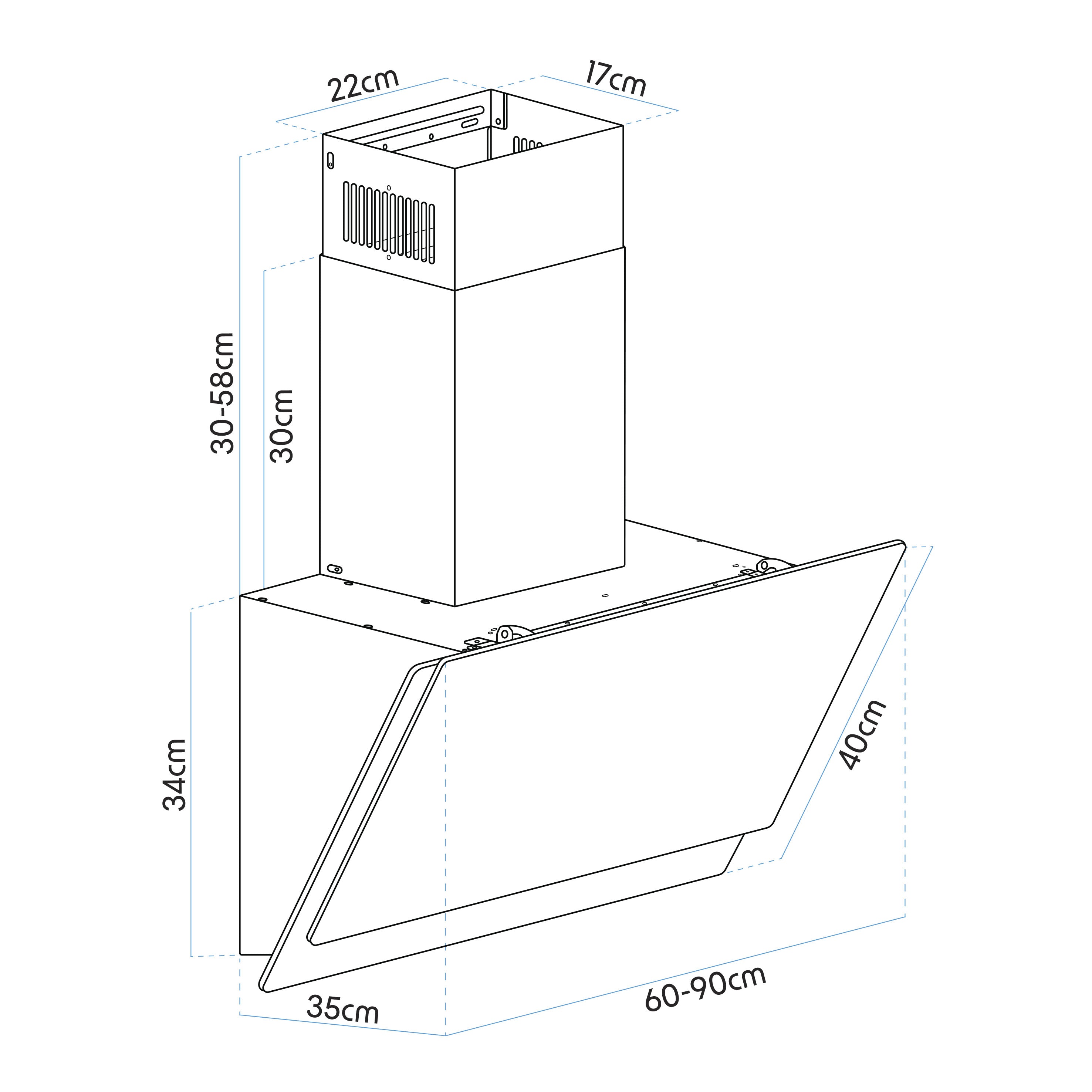 Baridi 90cm Angled Chimney Cooker Hood with Carbon Filters, LED Lamp, Black Glass - DH106