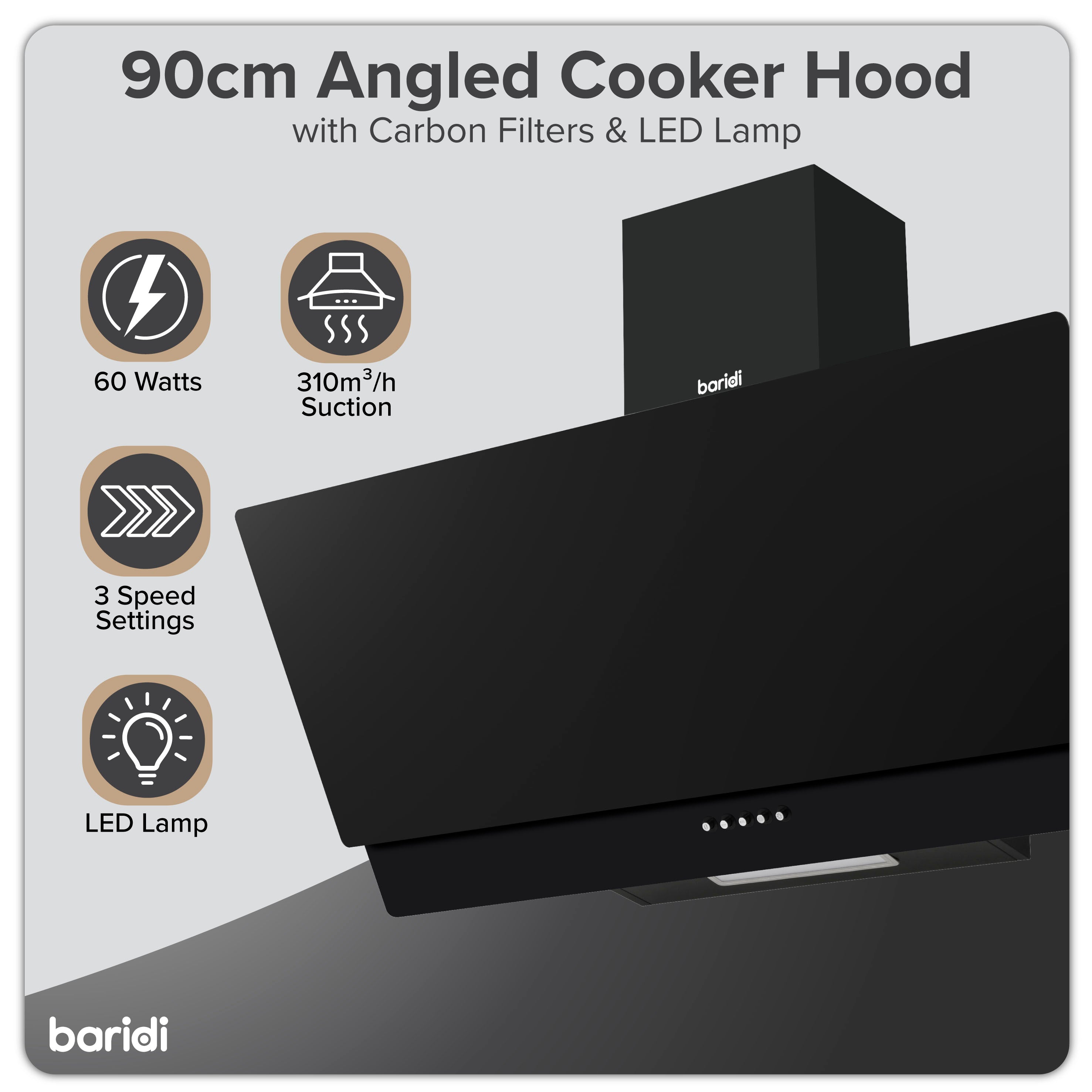 Baridi 90cm Angled Chimney Cooker Hood with Carbon Filters, LED Lamp, Black Glass - DH106