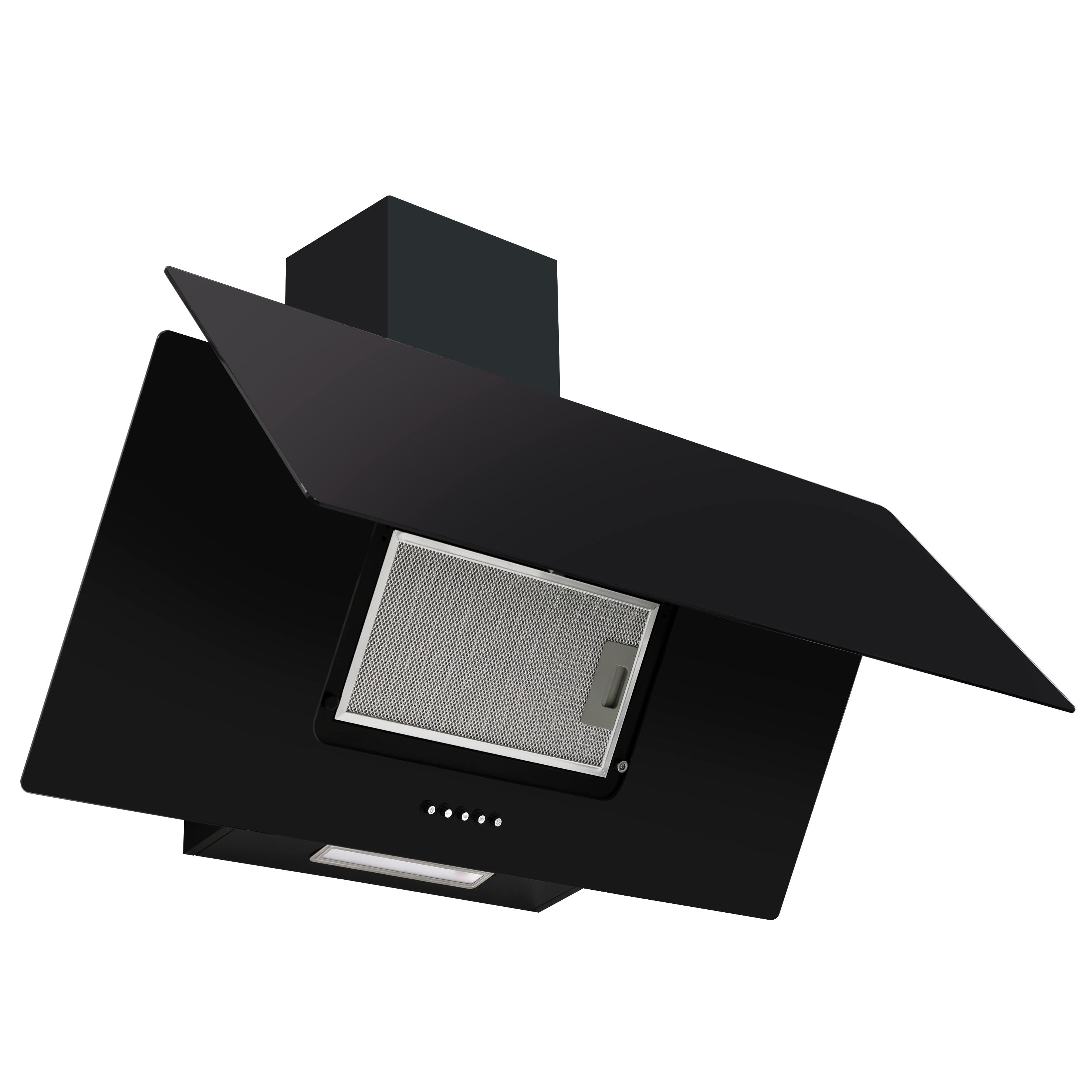 Baridi 90cm Angled Chimney Cooker Hood with Carbon Filters, LED Lamp, Black Glass - DH106