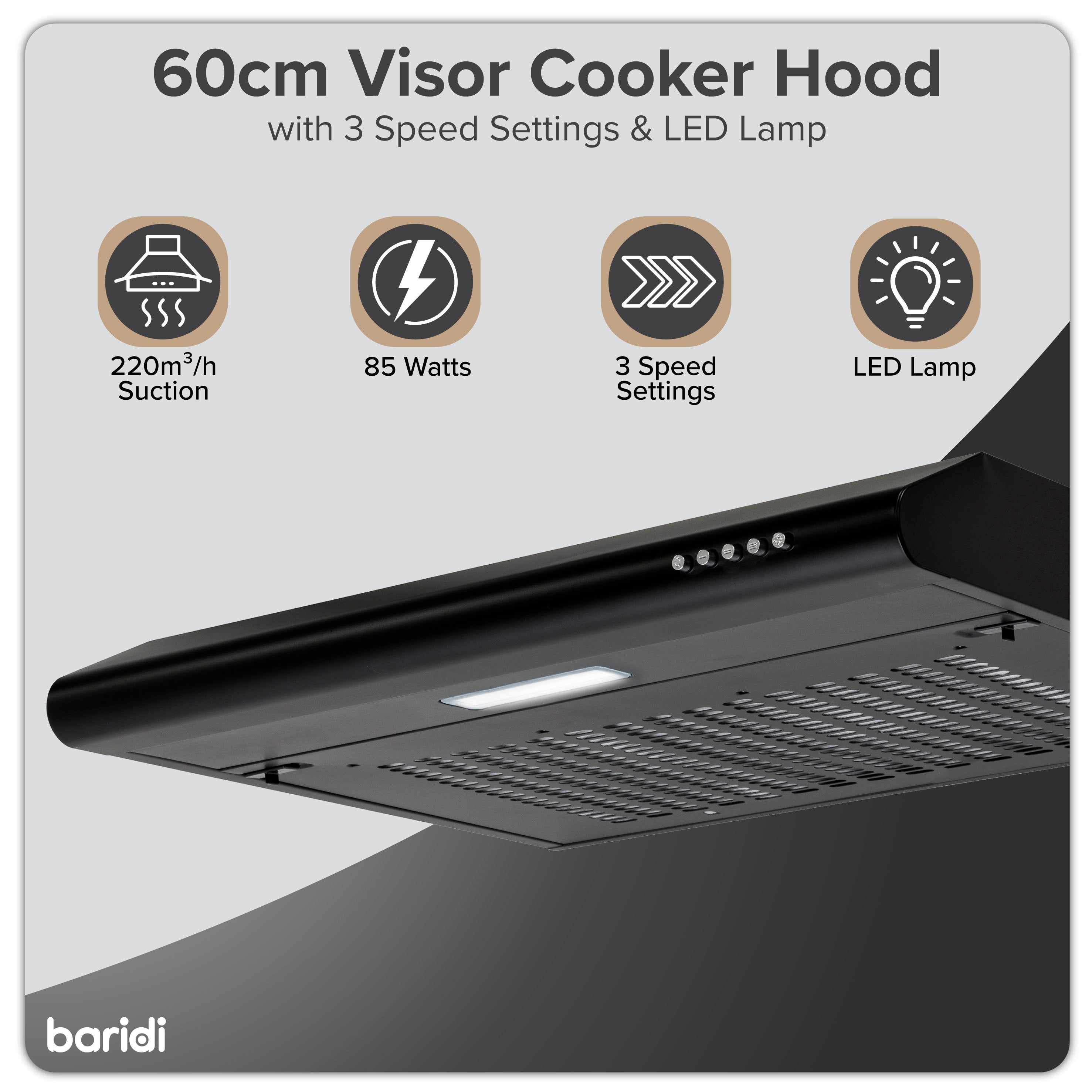 Baridi 60cm Visor Cooker Hood Extractor Fan for Undercabinets,  Black - DH107