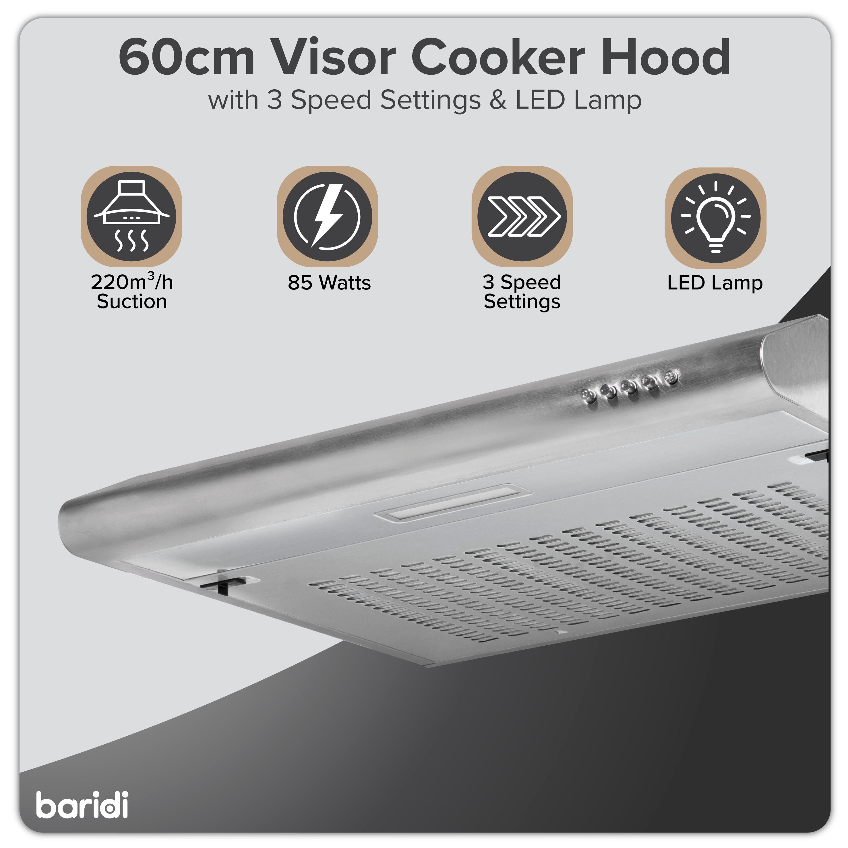 Baridi 60cm Visor Cooker Hood Extractor Fan for Undercabinets, Stainless Steel - DH108