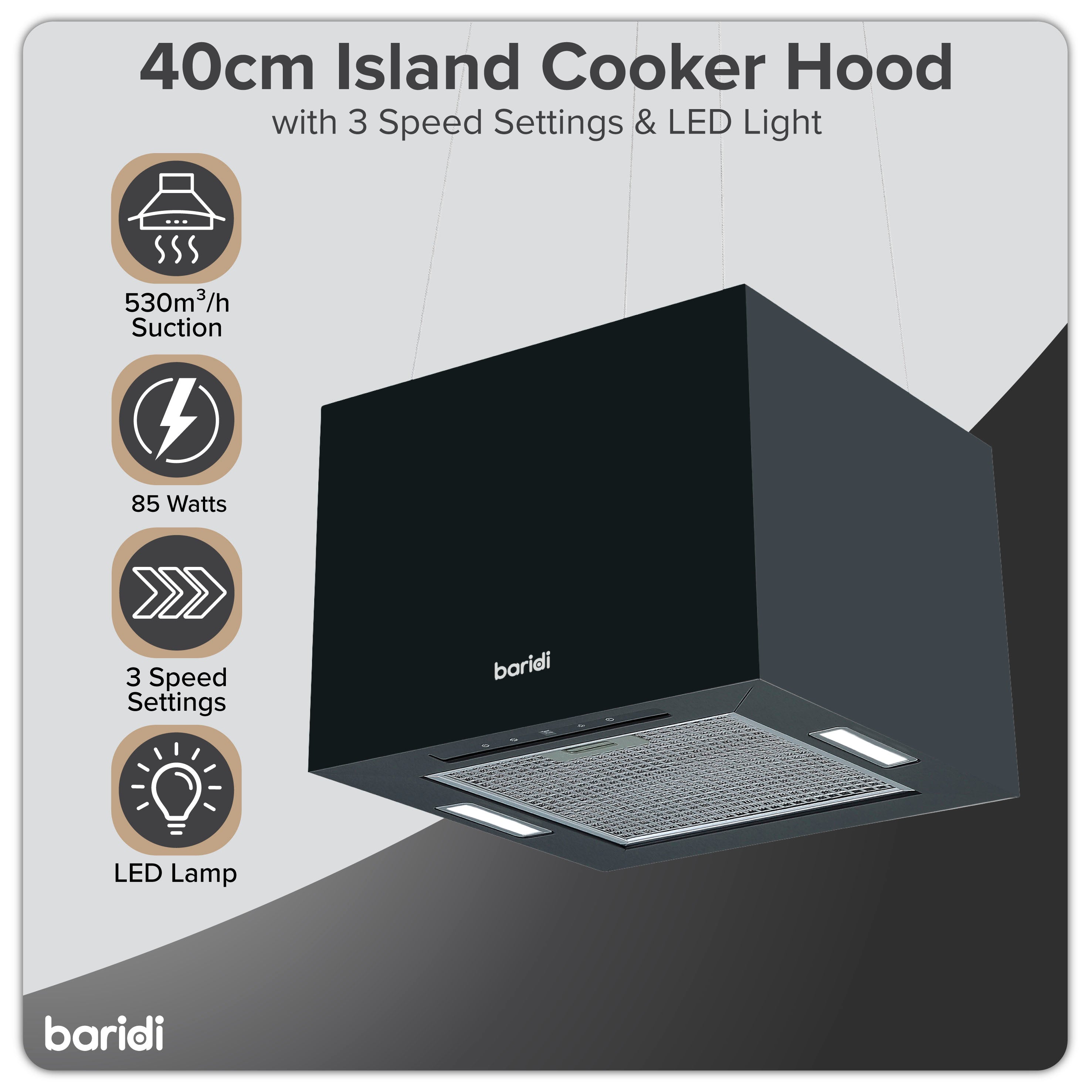 Baridi Island Cooker Hood, Square, 40cm, 3-Speed, Black - DH109