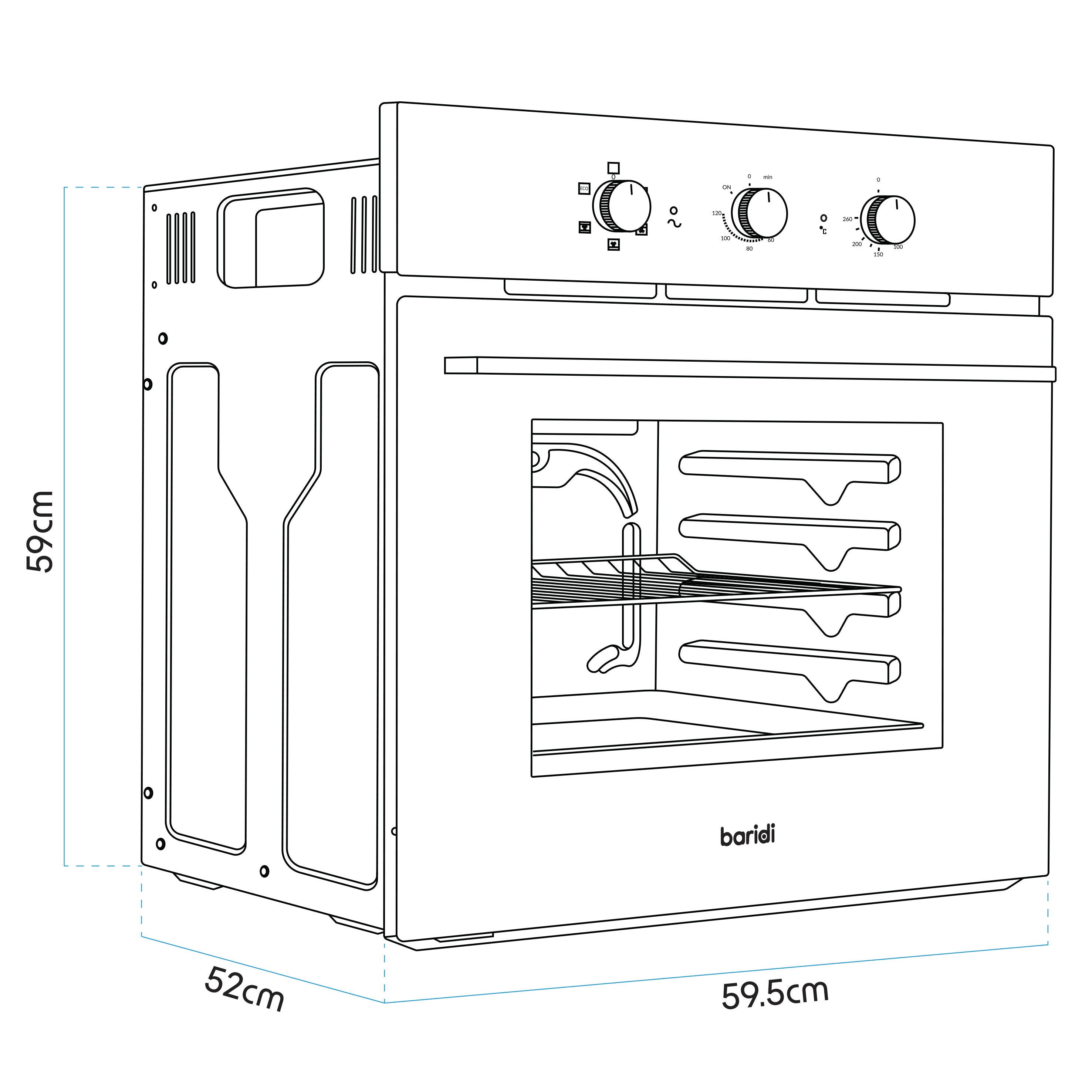 Baridi 60cm Built-In Five Function Fan Assisted Electric Oven with Timer, 55L Capacity, Black - DH110