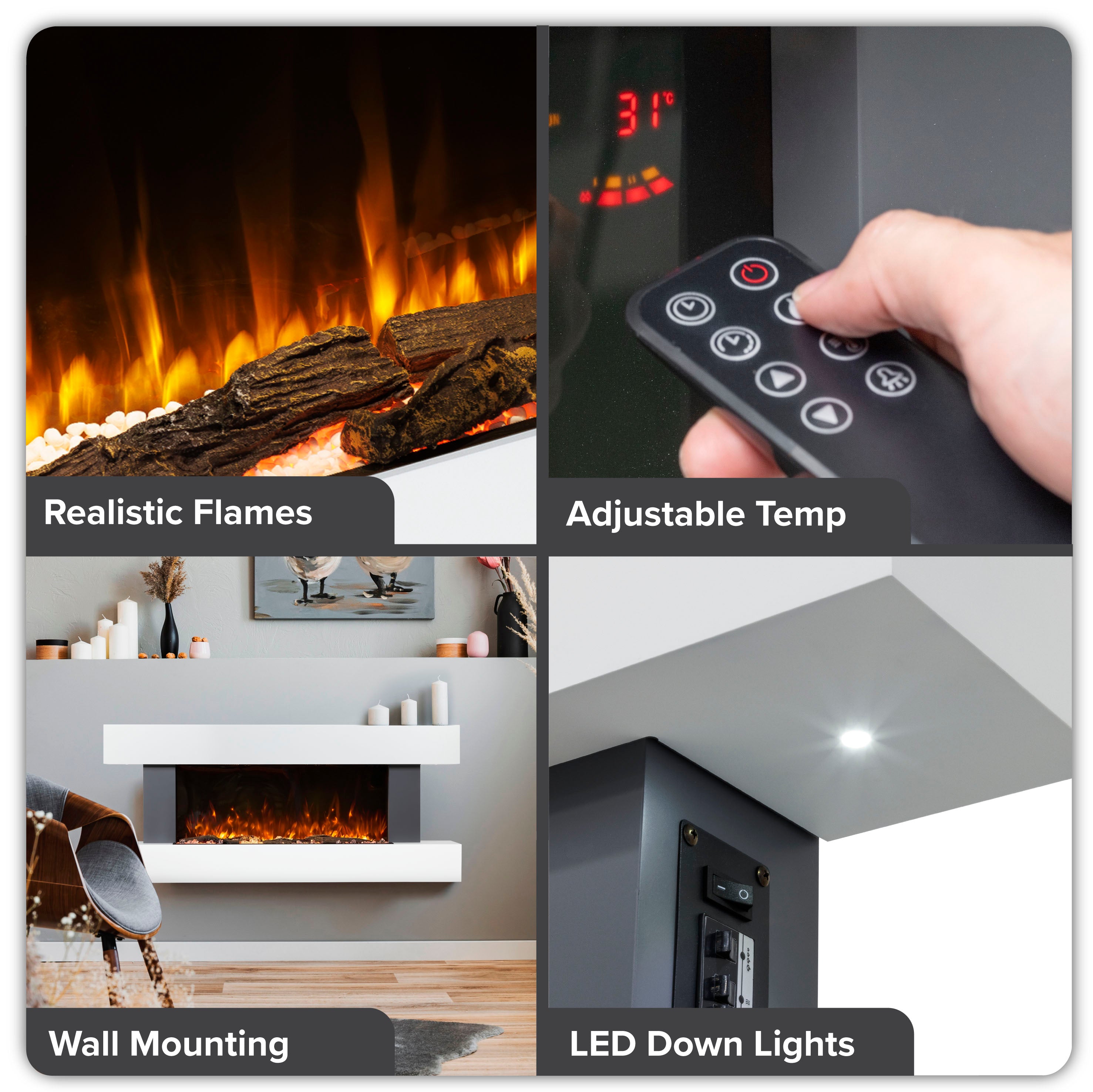 Baridi 52" Electric Fireplace, Wall Mounting with LED Flame Effects, Grey - DH112