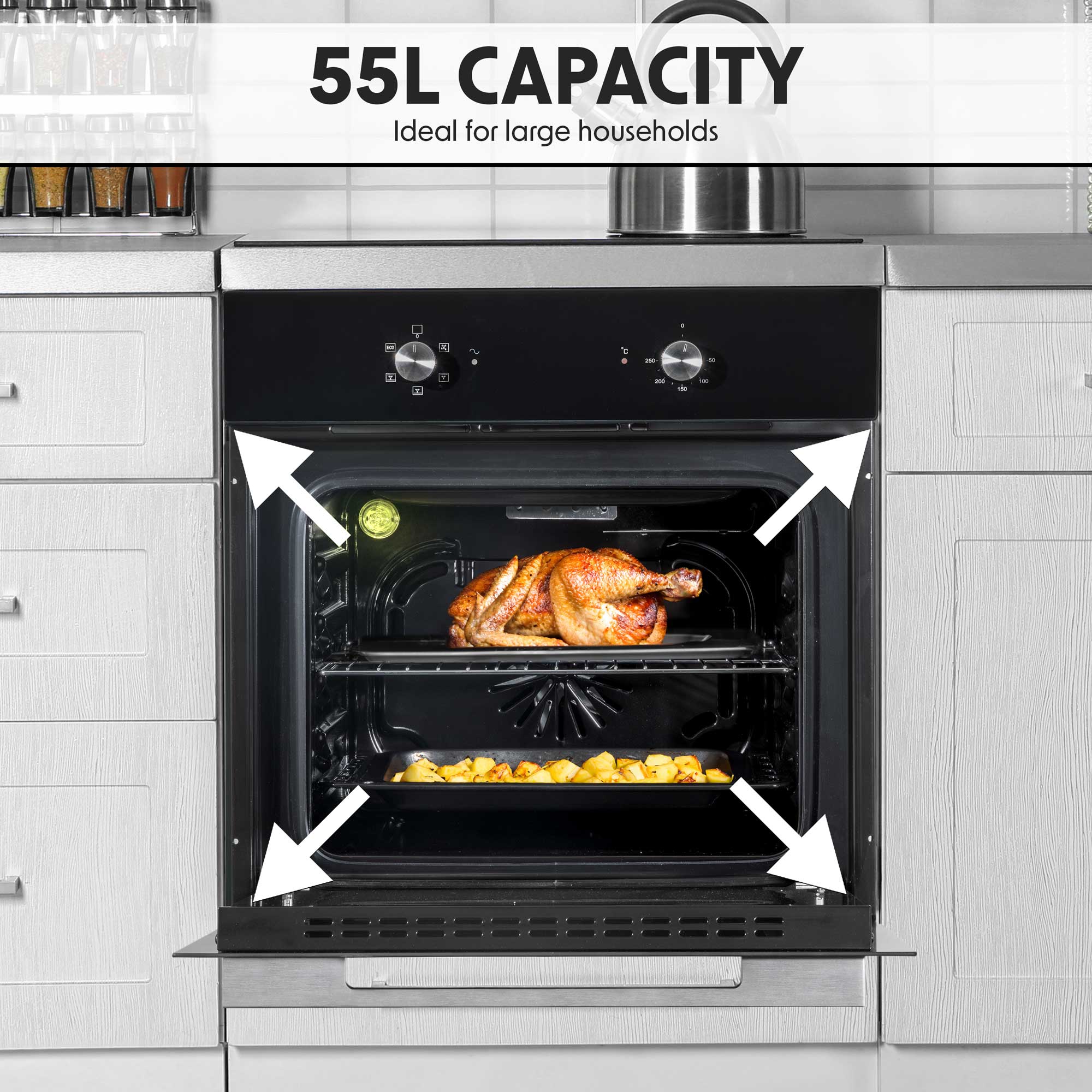 Baridi 60cm Built-In Five Function Fan Assisted, Single, Integrated Electric Oven, 55L Capacity, Black - DH124