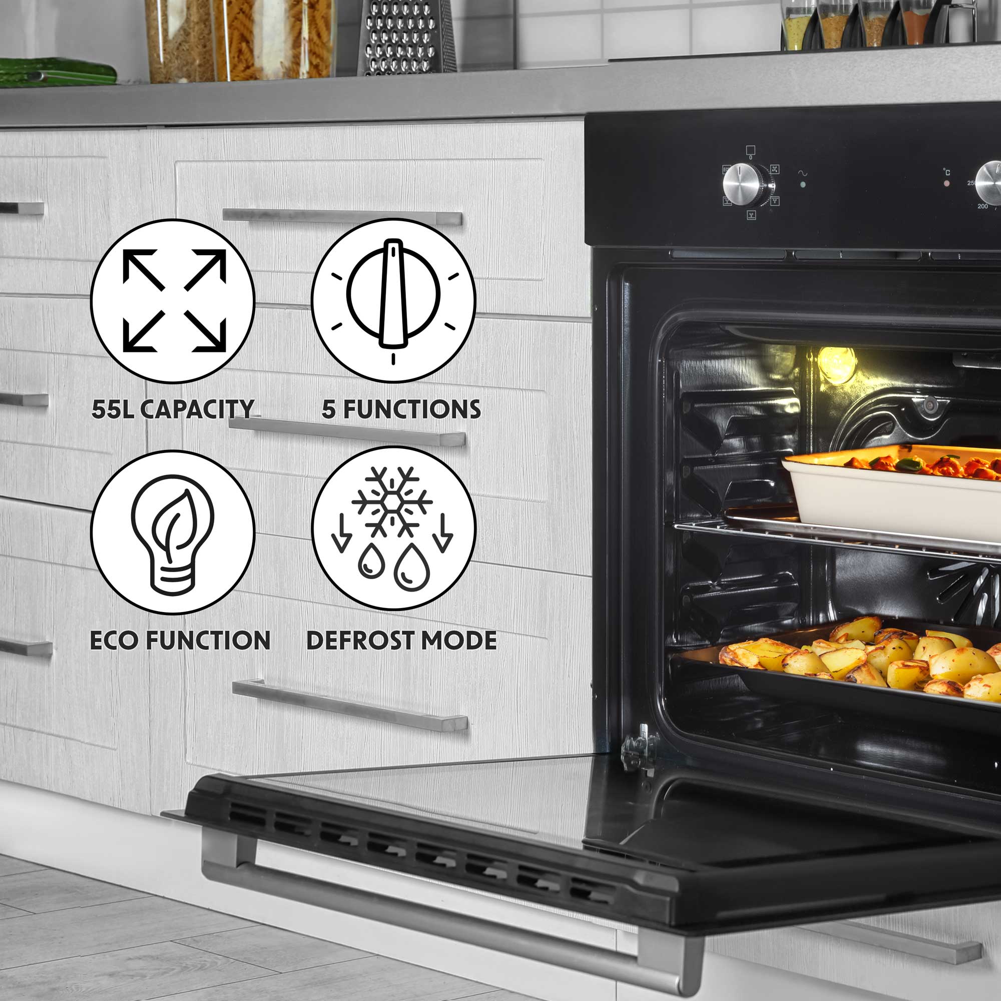 Baridi 60cm Built-In Five Function Fan Assisted, Single, Integrated Electric Oven, 55L Capacity, Black - DH124