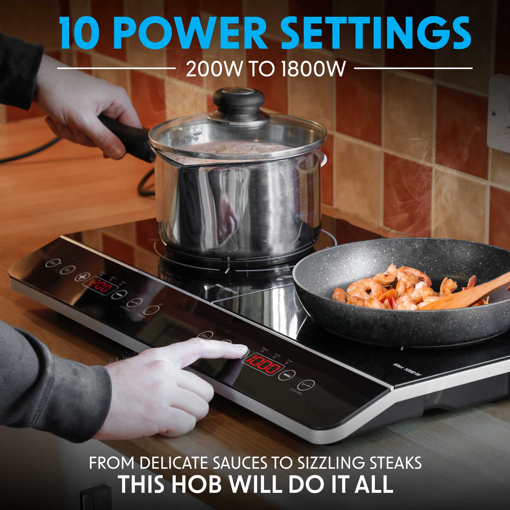 Baridi Portable Induction Hob: Two Zone, 2800W, 10 Power Settings, Timer Function, Black - DH146