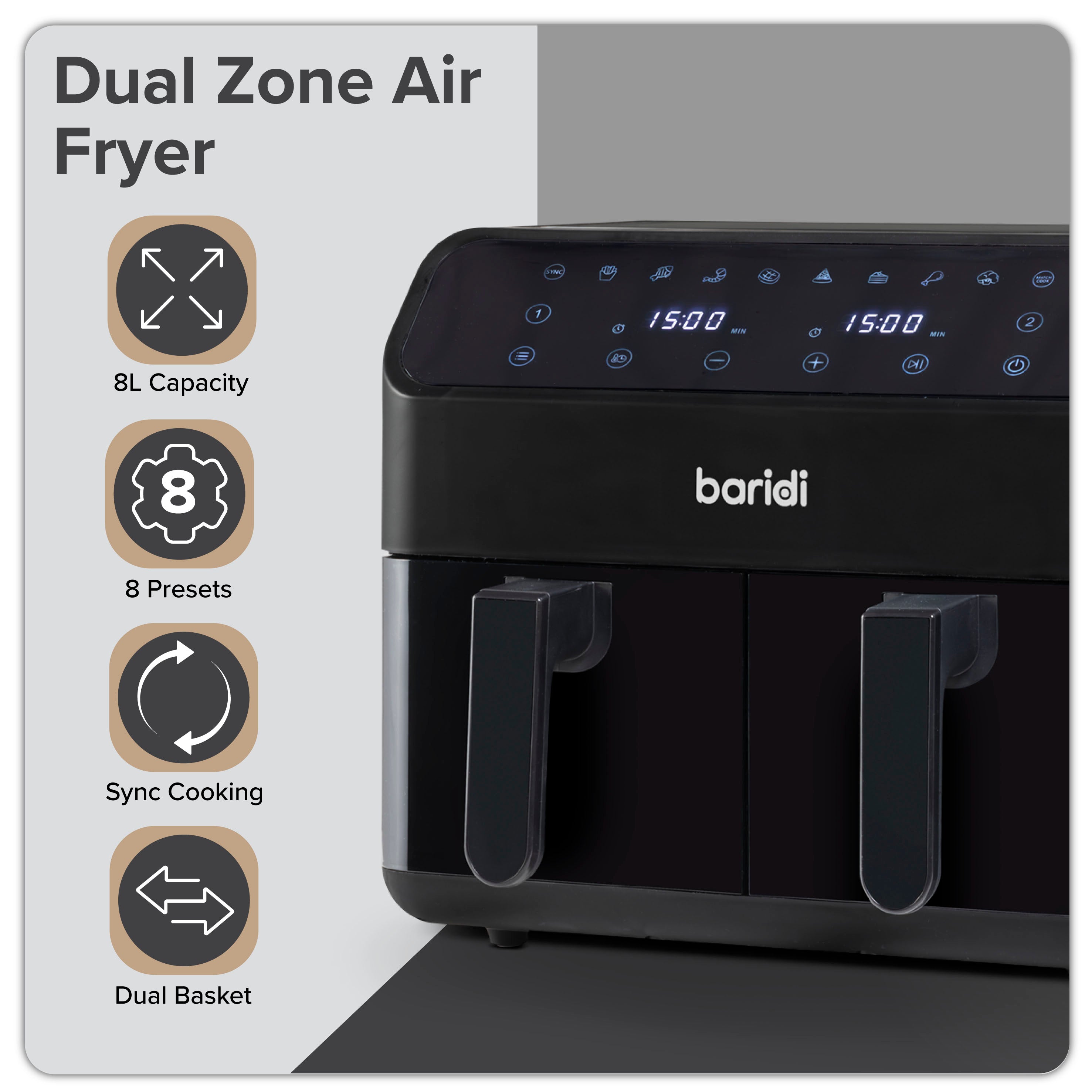 Baridi Dual Zone Air Fryer, 8 Preset Functions, 1700W, 8L, Black - DH172