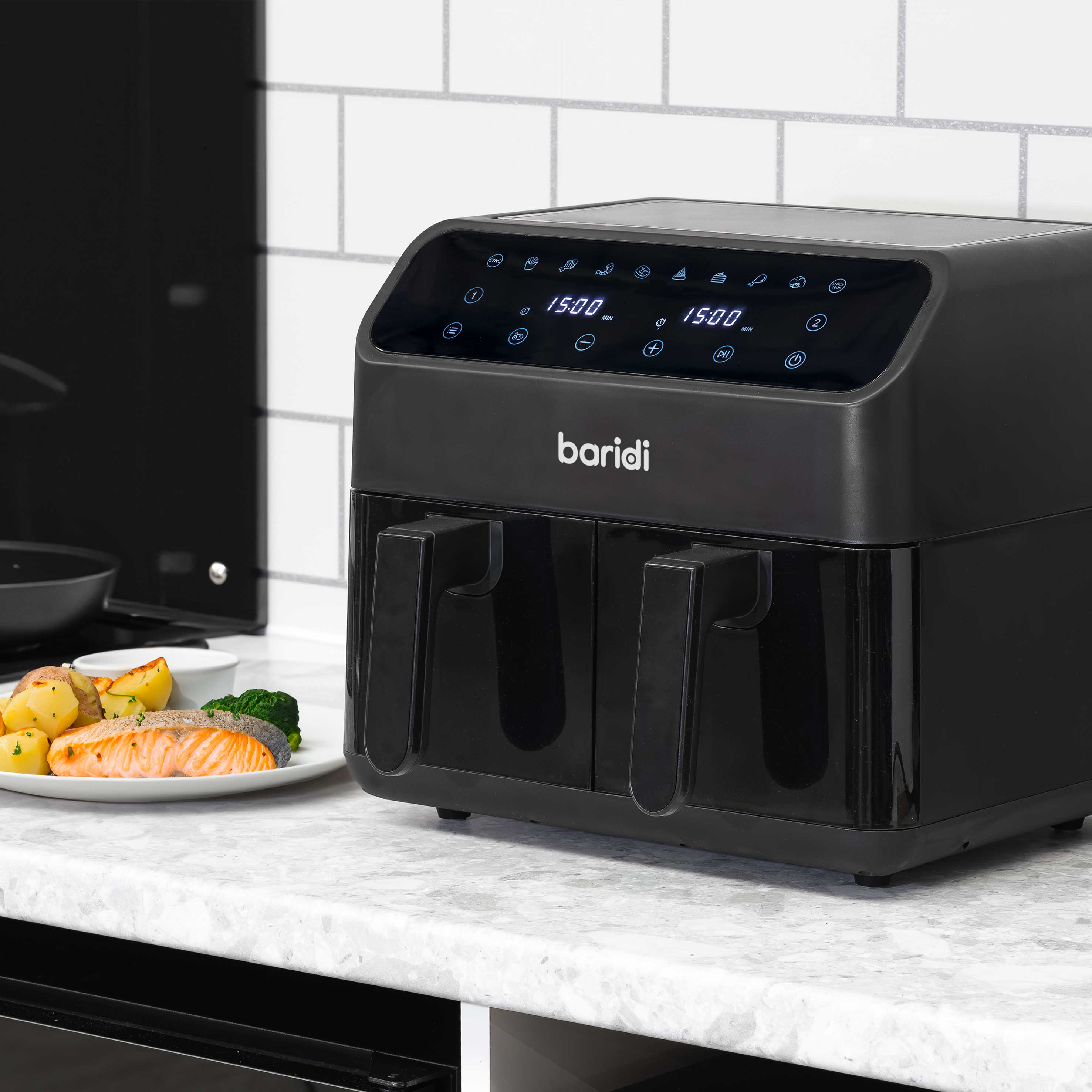 Baridi Dual Zone Air Fryer, 8 Preset Functions, 1700W, 8L, Black - DH172