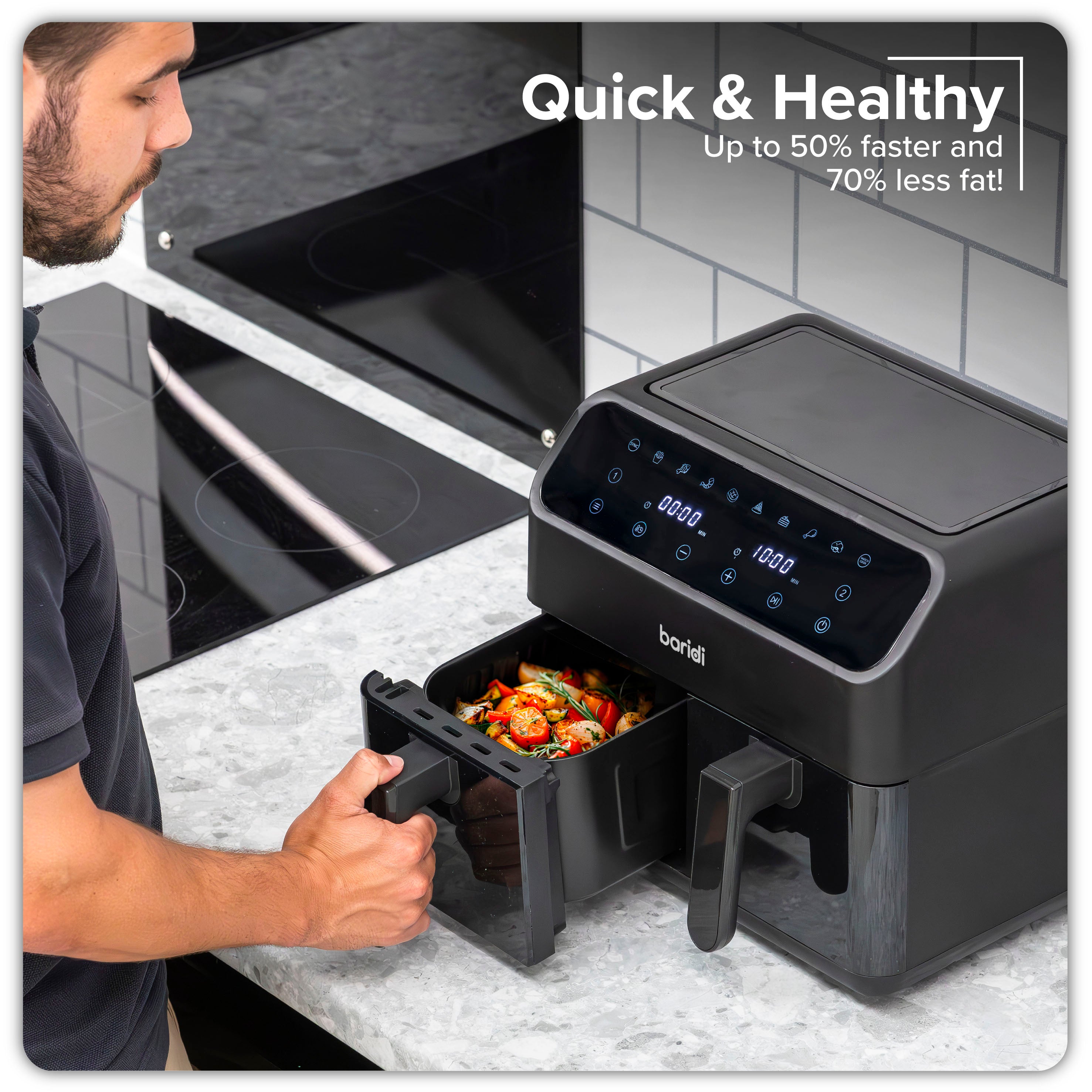 Baridi Dual Zone Air Fryer, 8 Preset Functions, 1700W, 8L, Black - DH172