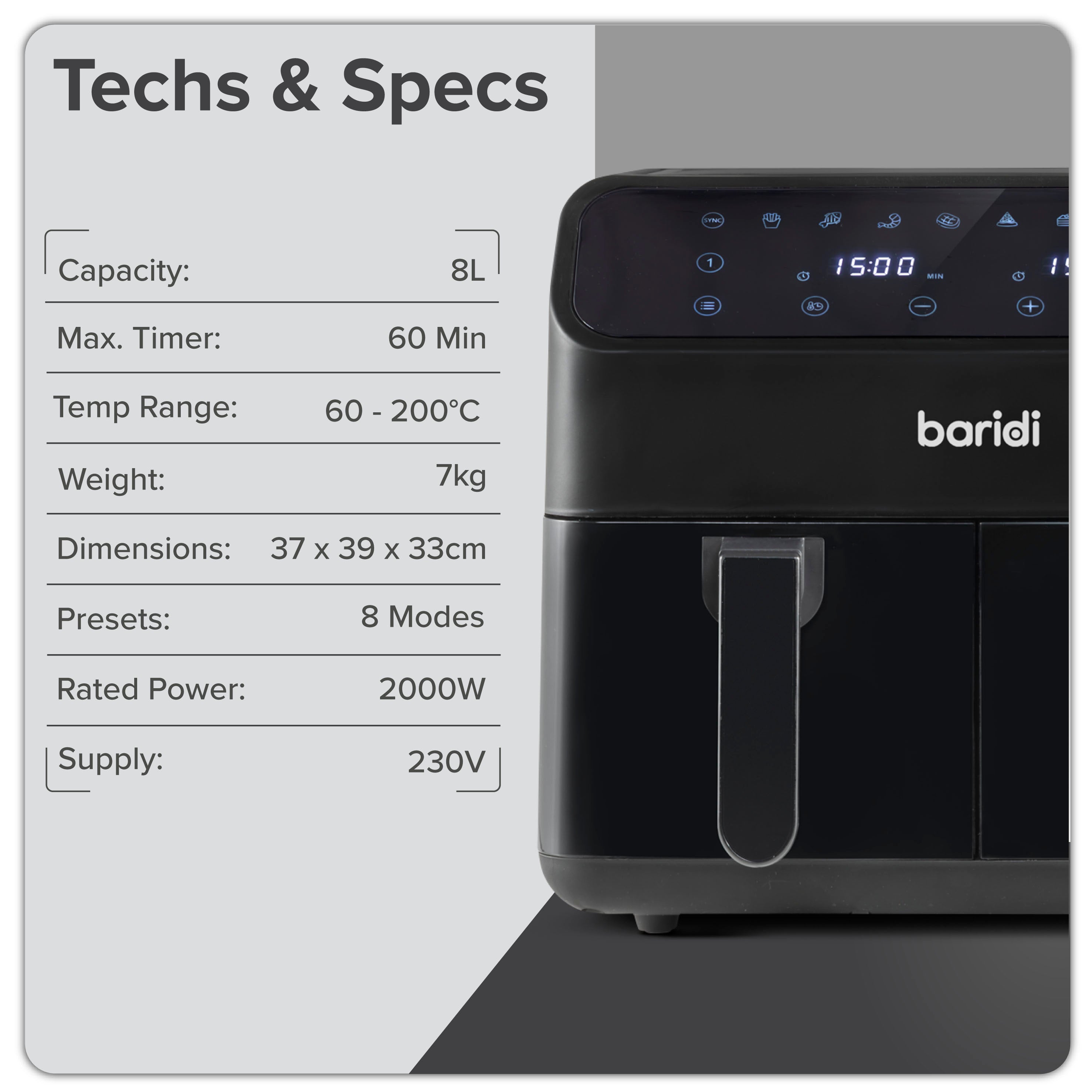 Baridi Dual Zone Air Fryer, 8 Preset Functions, 1700W, 8L, Black - DH172