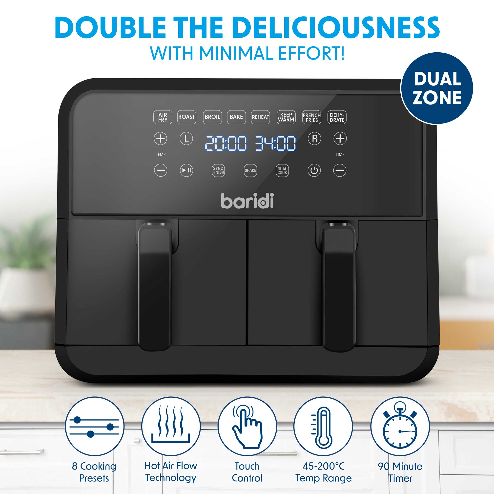 Baridi Dual Zone Air Fryer, 8 Preset Functions, 1700W, 8L, Black - DH172