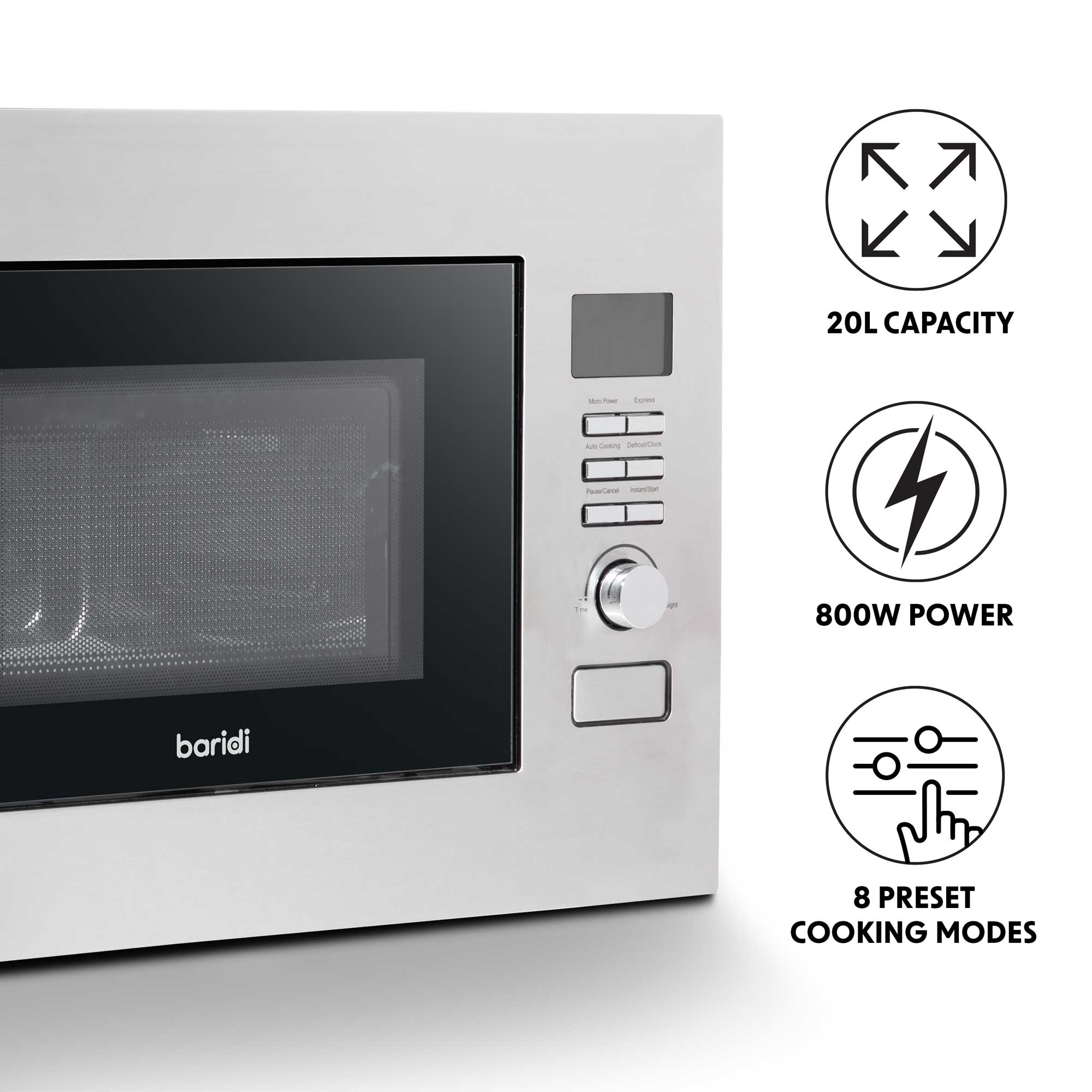 Baridi 20L Integrated Microwave Oven, 800W, Stainless Steel - DH196