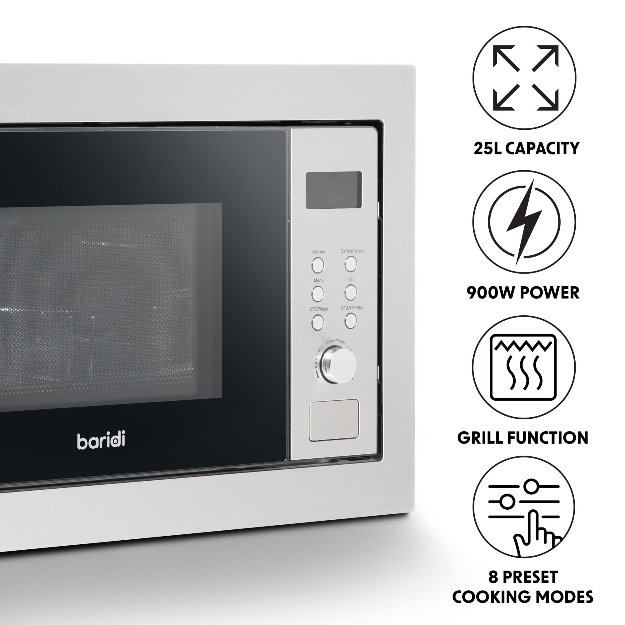 Baridi 25L Integrated Microwave Oven with Grill, 900W, Stainless Steel - DH197