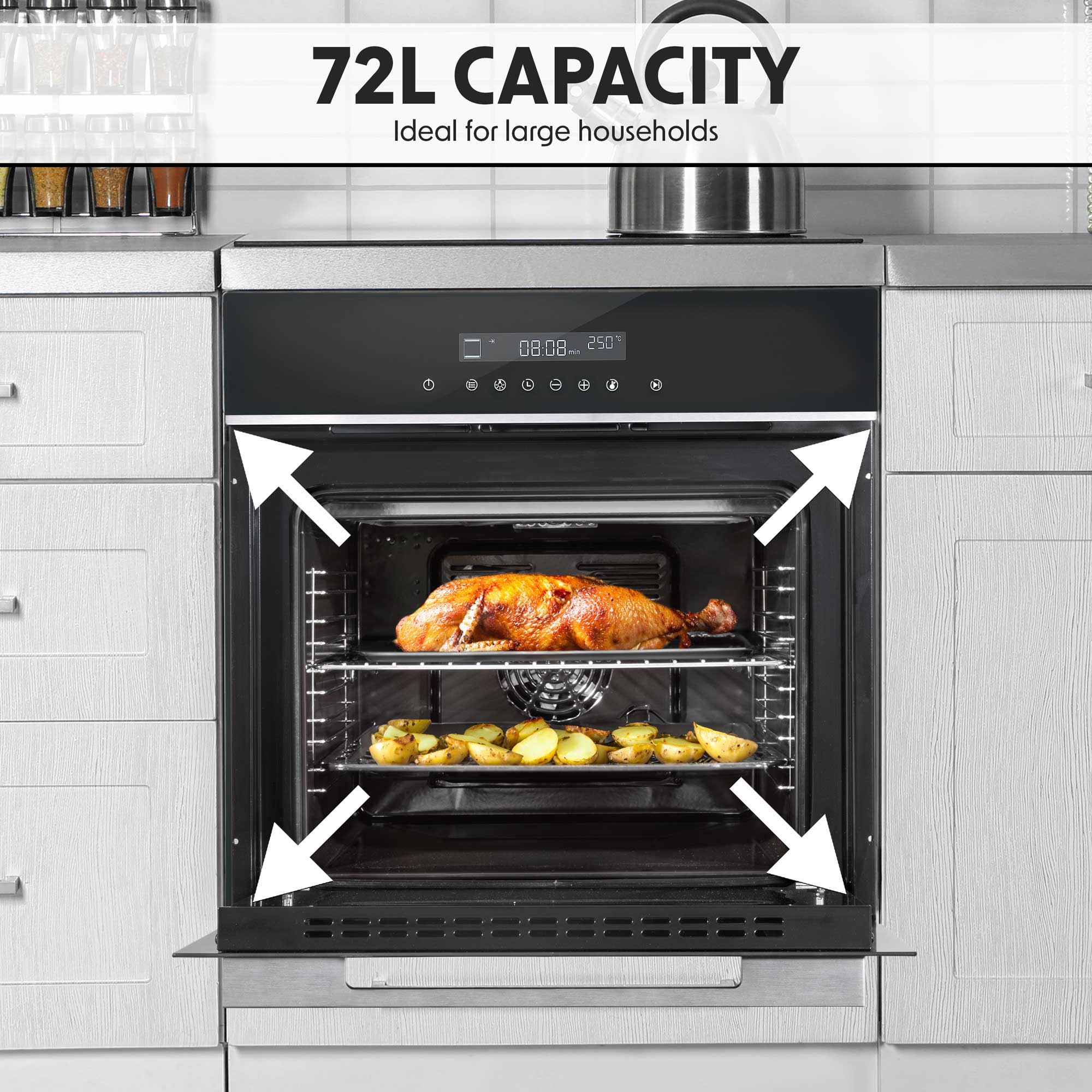 Baridi 60cm Built-In Fan Assisted 10 Function Electric Oven, Touchscreen, 72L, Black/SS - DH200