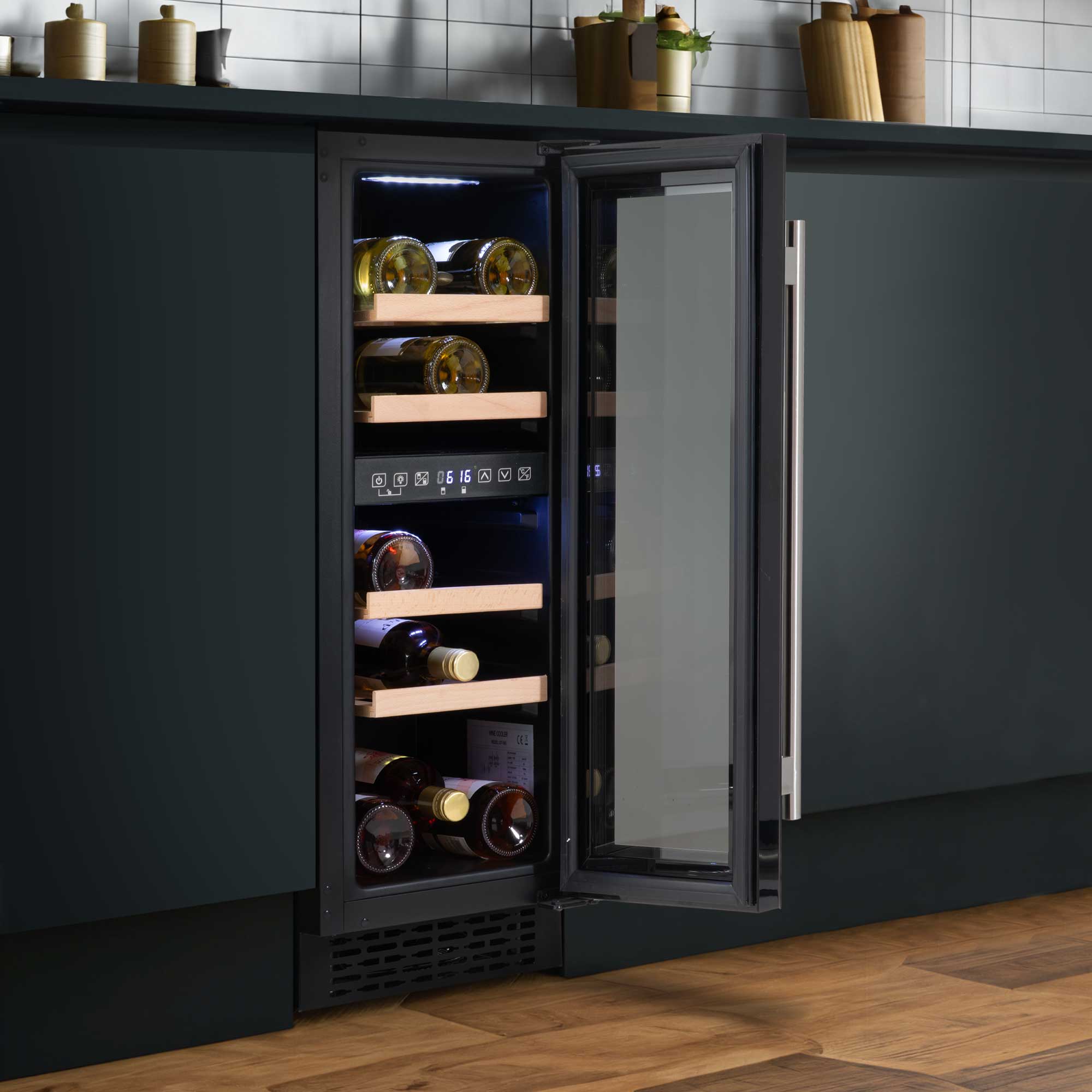 Baridi 17 Bottle Dual Zone Slim Built-In 30cm Wine Cooler, Touch Screen Controls, Black - DH204