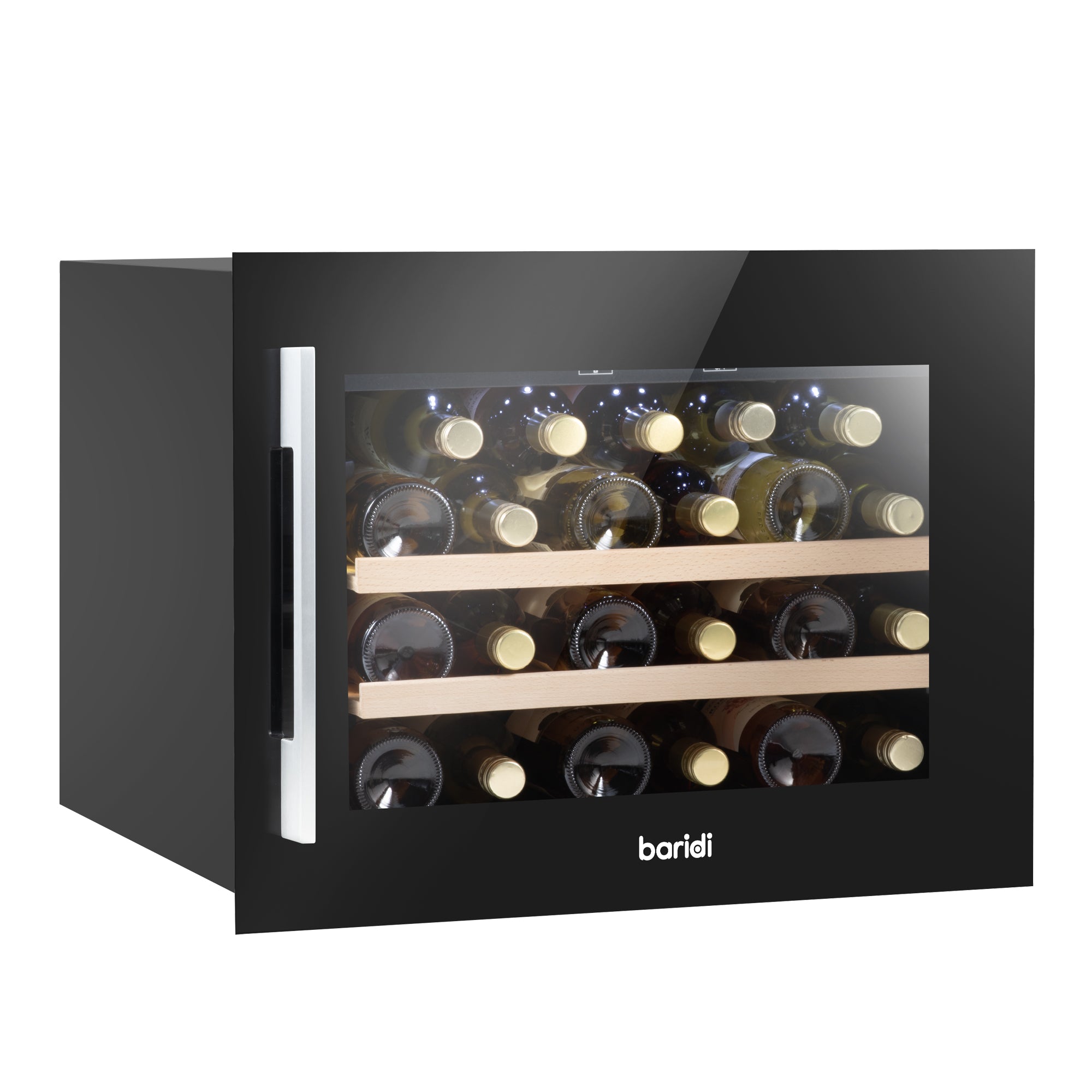 Baridi 60cm Built-In 28 Bottle Wine Cooler with Beech Wood Shelves, Black - DH205