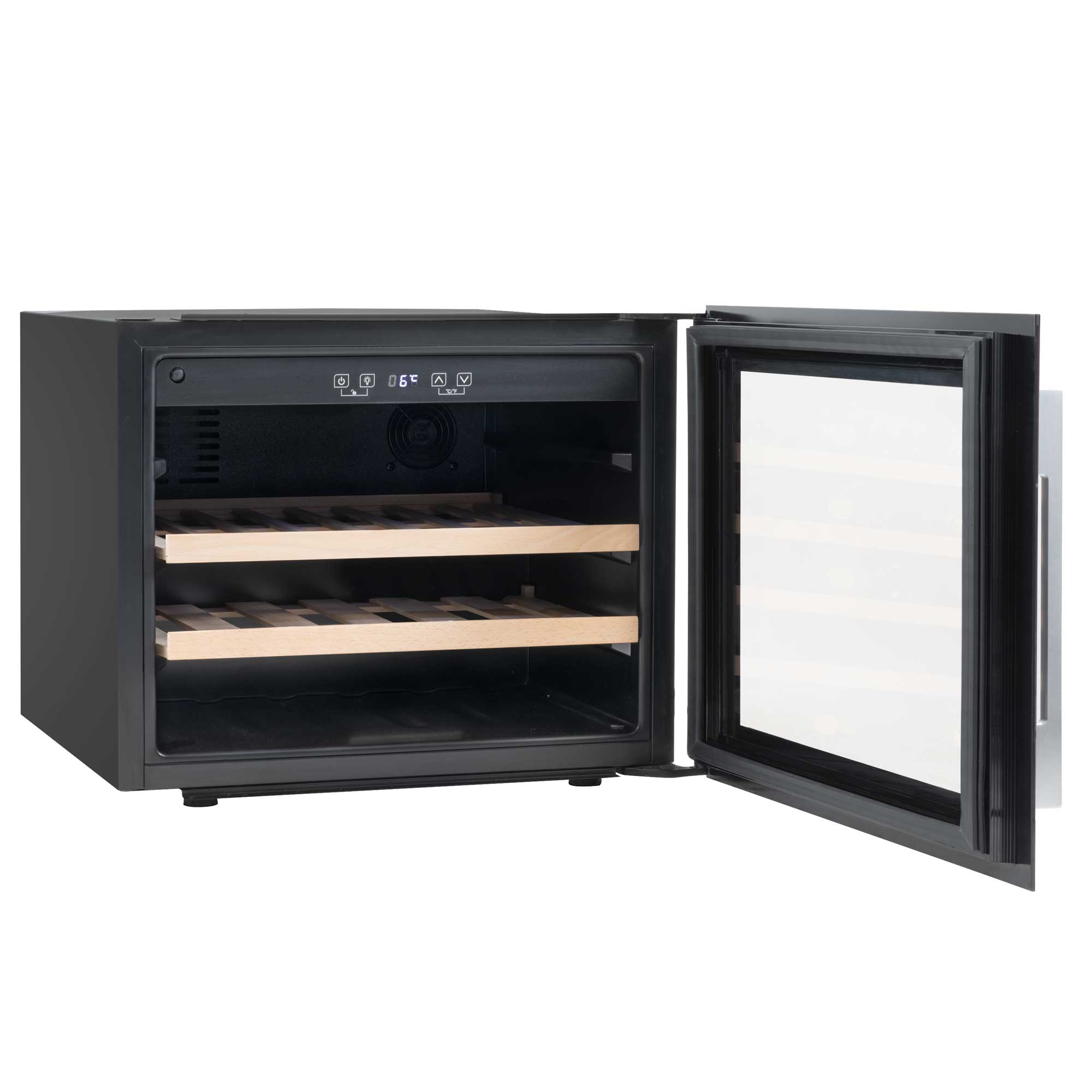 Baridi 60cm Built-In 28 Bottle Wine Cooler with Beech Wood Shelves, Black - DH205