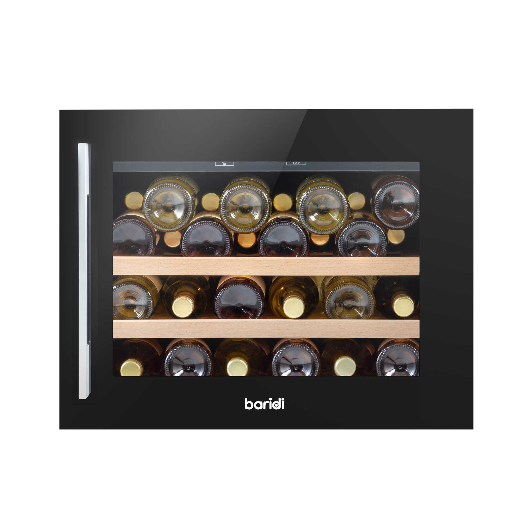 Baridi 60cm Built-In 28 Bottle Wine Cooler with Beech Wood Shelves, Black - DH205