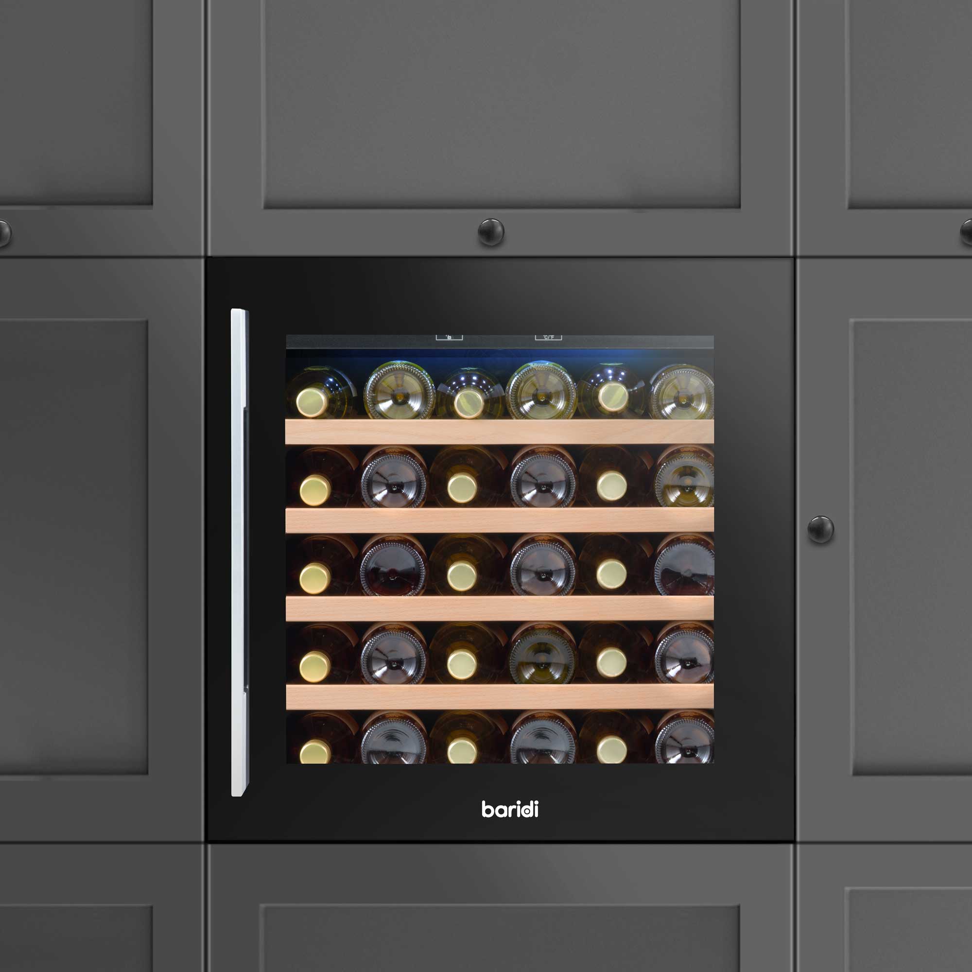 Baridi 60cm Built-In 36 Bottle Wine Cooler with Beech Wood Shelves, Black - DH206