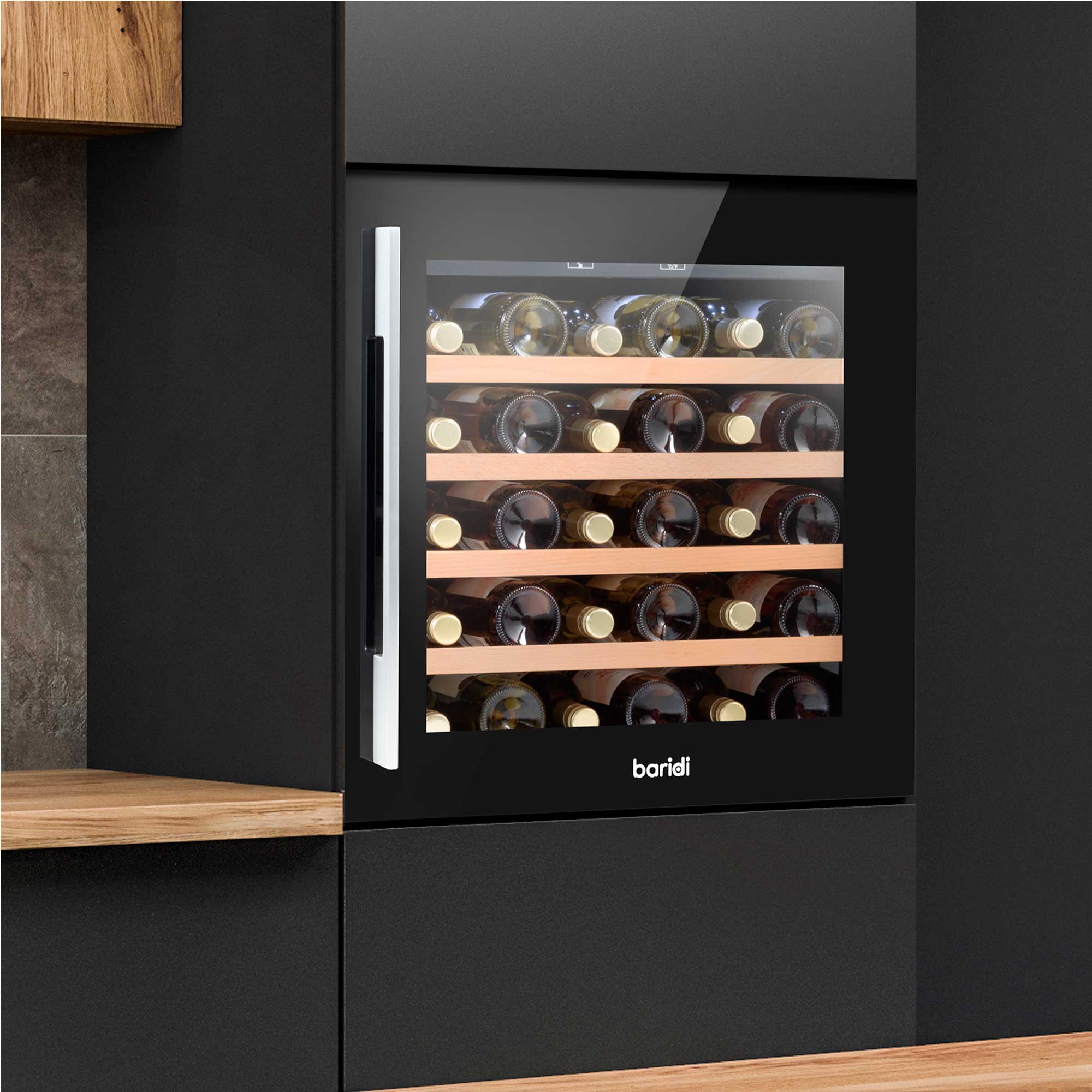 Baridi 60cm Built-In 36 Bottle Wine Cooler with Beech Wood Shelves, Black - DH206