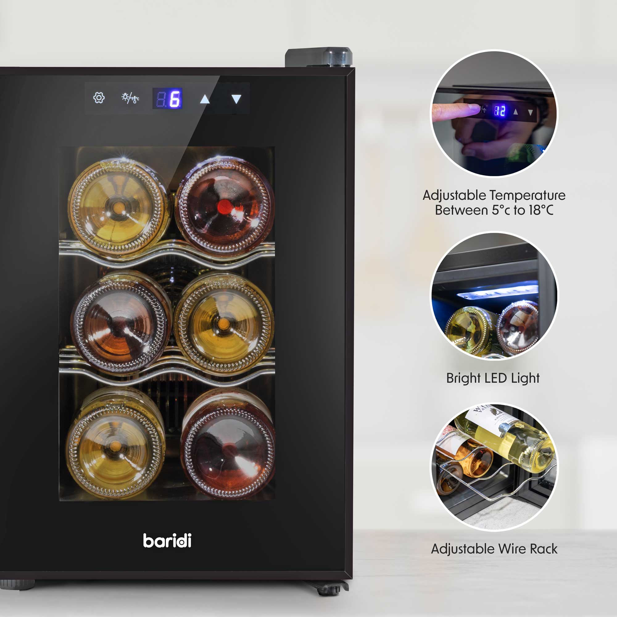 Baridi 6 Bottle Wine Cooler, Thermoelectric, 5-18°C, Touch Controls, Table Top - DH217