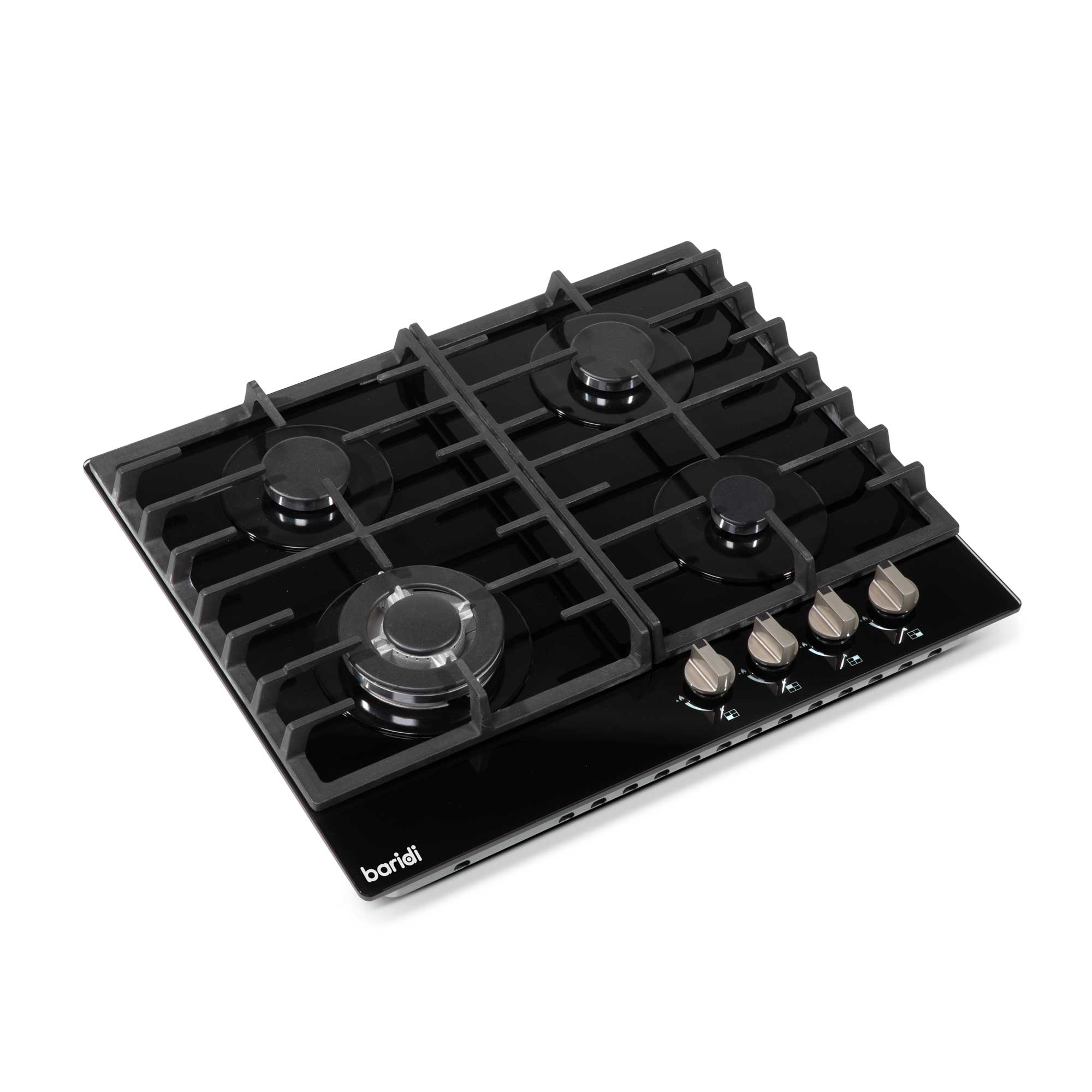 Baridi 60cm Gas on Glass Hob Built-In, 4 Burner and Cast Iron Pan Supports, Black Glass - DH226