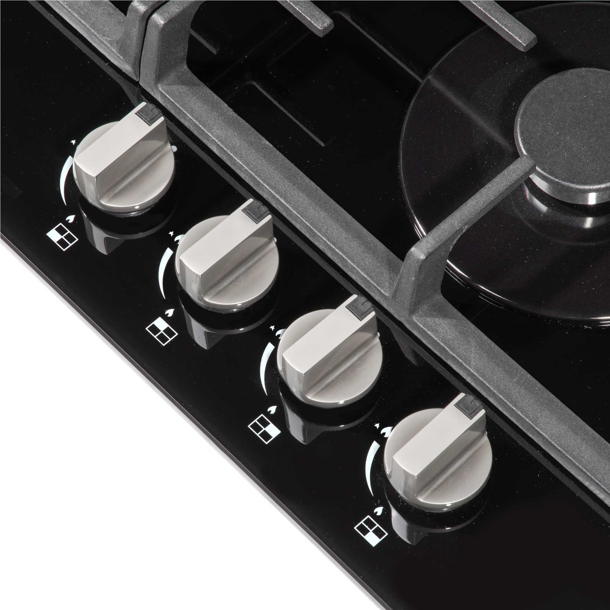 Baridi 60cm Gas on Glass Hob Built-In, 4 Burner and Cast Iron Pan Supports, Black Glass - DH226