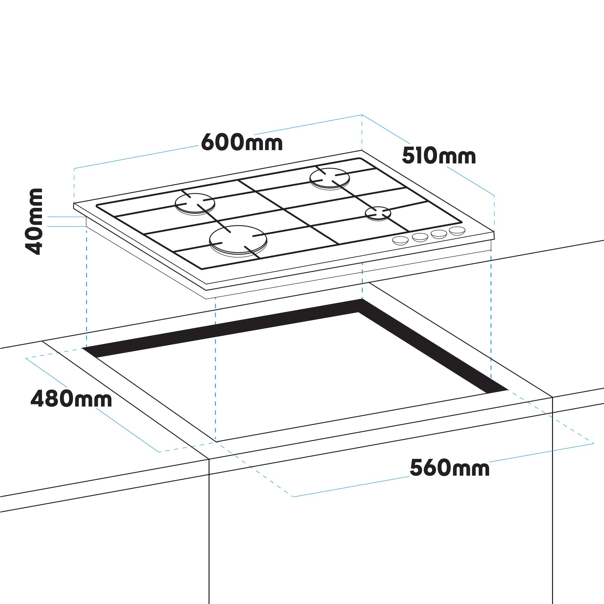 Baridi 60cm Gas on Glass Hob Built-In, 4 Burner and Cast Iron Pan Supports, Black Glass - DH226