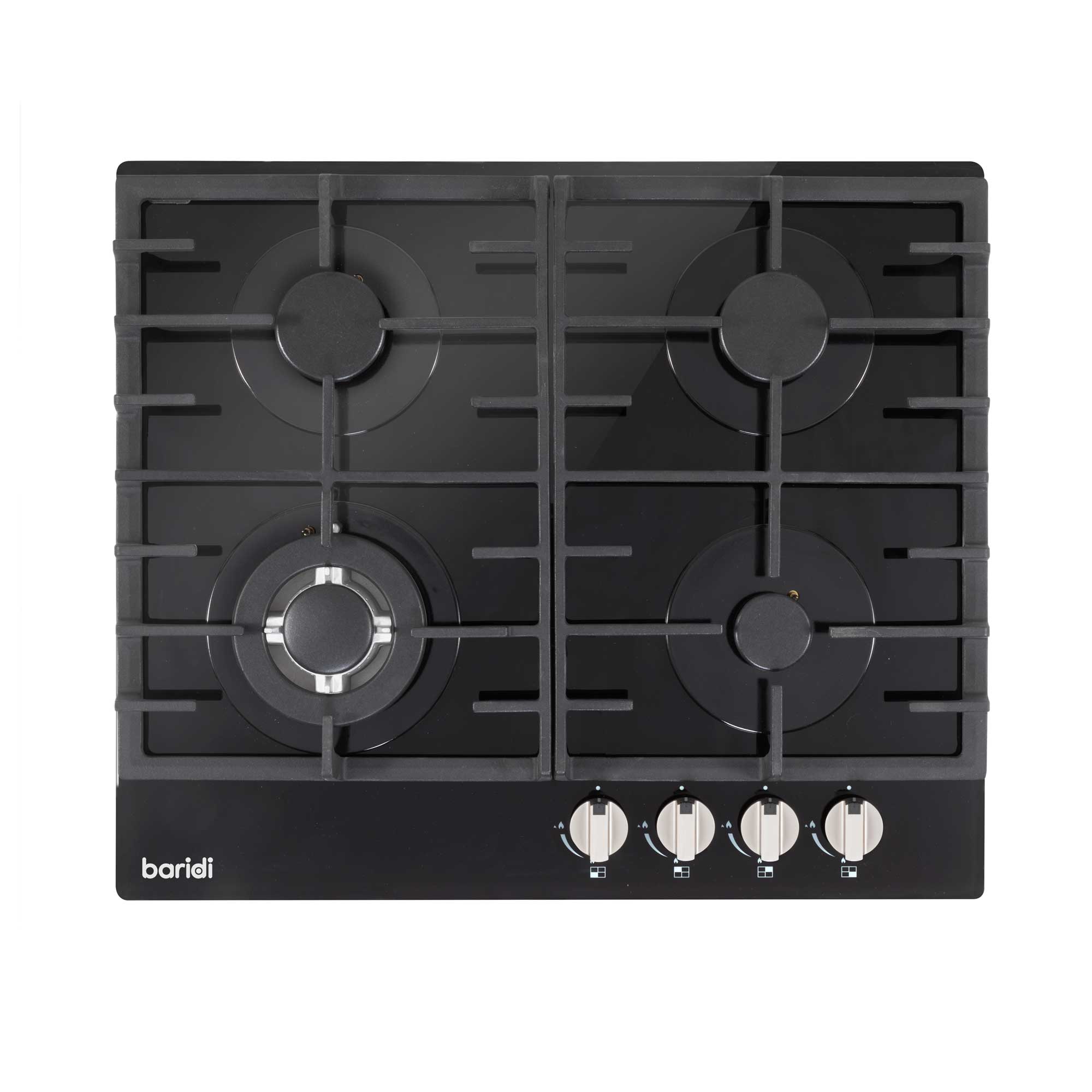 Baridi 60cm Gas on Glass Hob Built-In, 4 Burner and Cast Iron Pan Supports, Black Glass - DH226