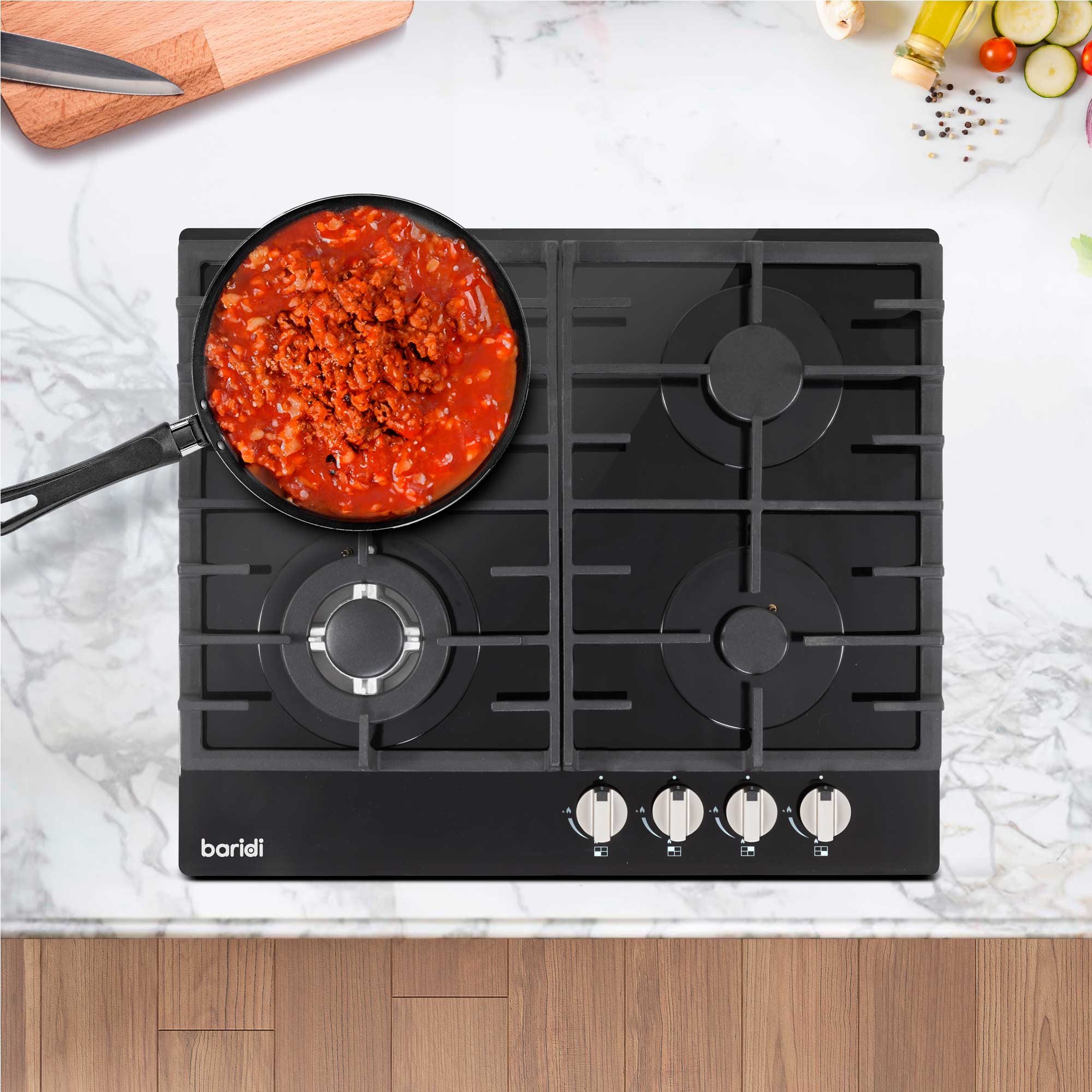 Baridi 60cm Gas on Glass Hob Built-In, 4 Burner and Cast Iron Pan Supports, Black Glass - DH226