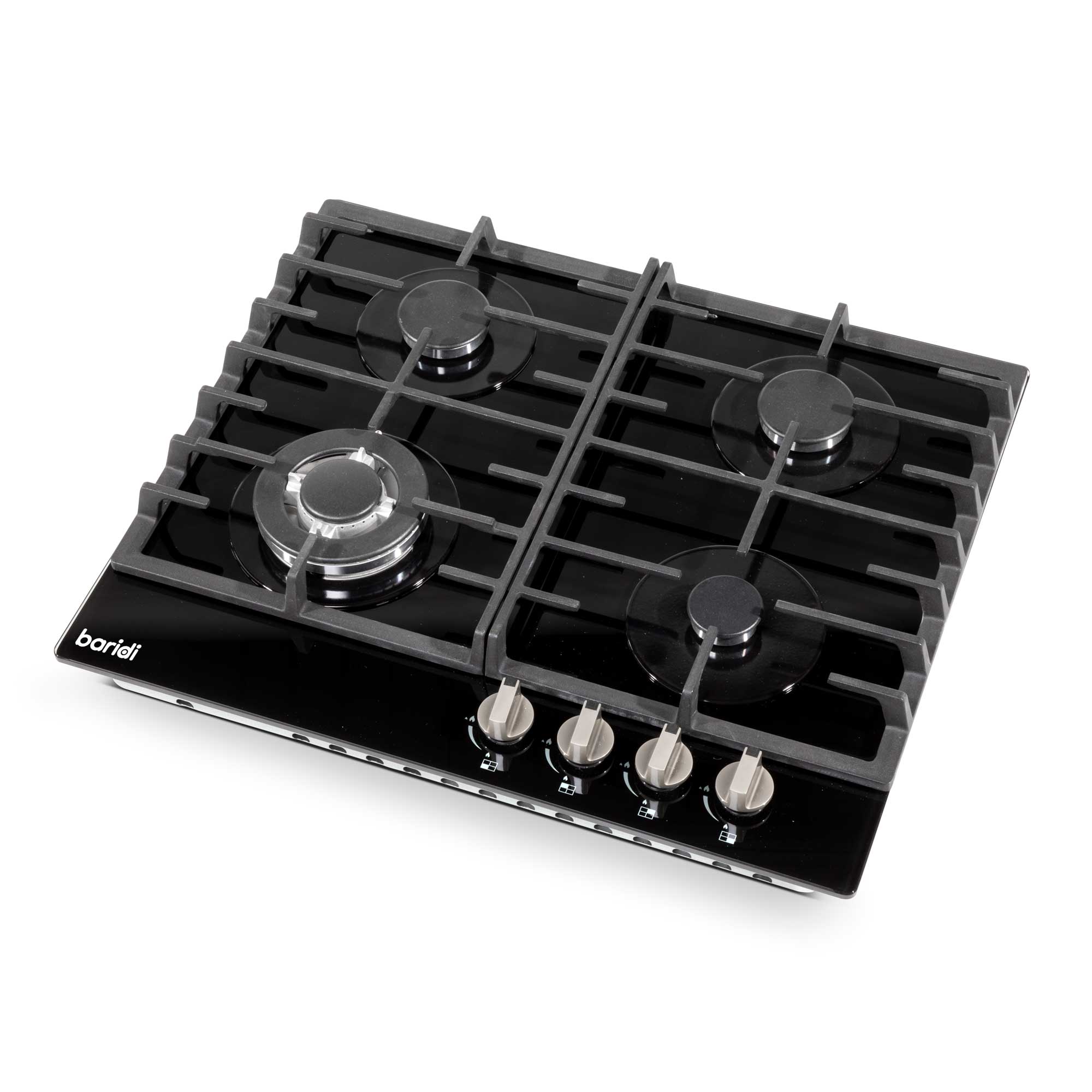 Baridi 60cm Gas on Glass Hob Built-In, 4 Burner and Cast Iron Pan Supports, Black Glass - DH226