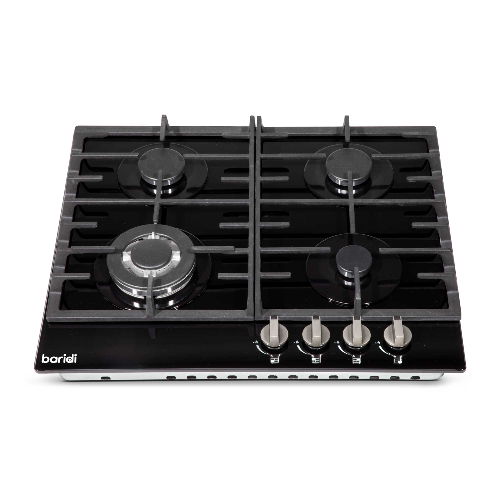 Baridi 60cm Gas on Glass Hob Built-In, 4 Burner and Cast Iron Pan Supports, Black Glass - DH226