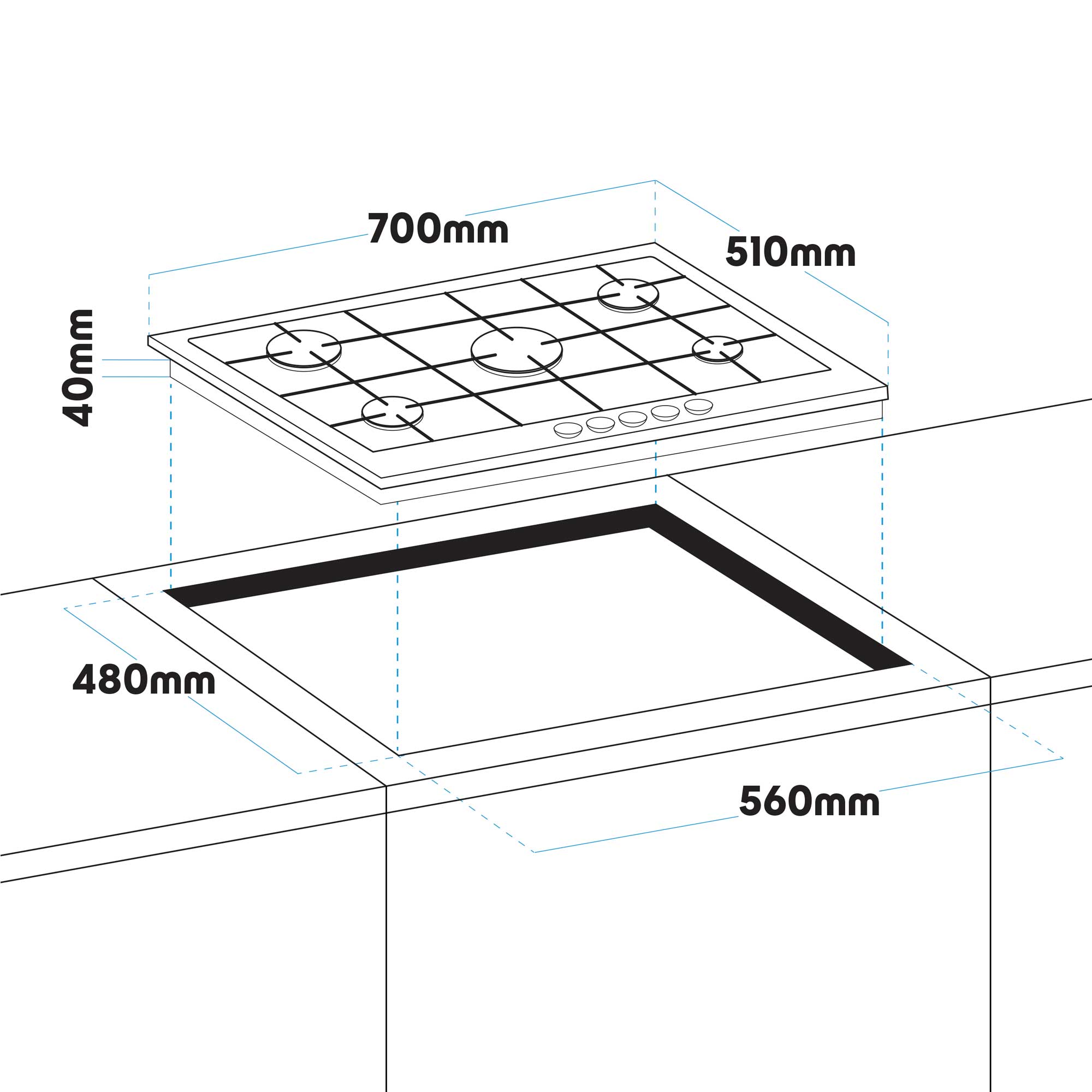 Baridi 70cm Gas Hob Built-In, 5 Burner and Cast Iron Pan Supports, Stainless Steel - DH227