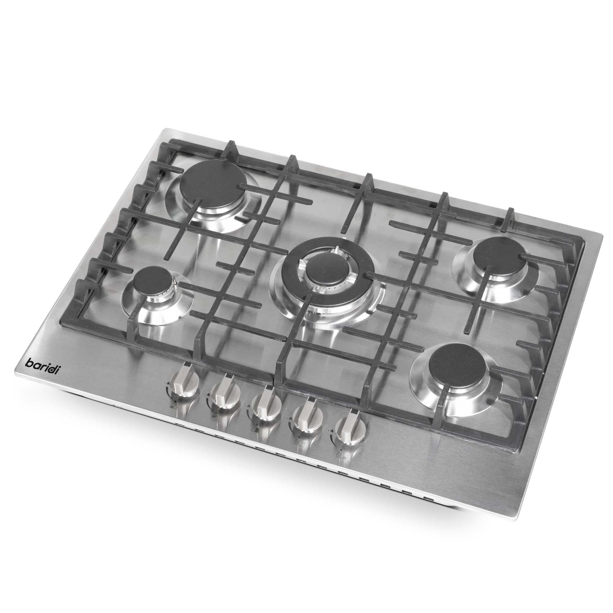 Baridi 70cm Gas Hob Built-In, 5 Burner and Cast Iron Pan Supports, Stainless Steel - DH227