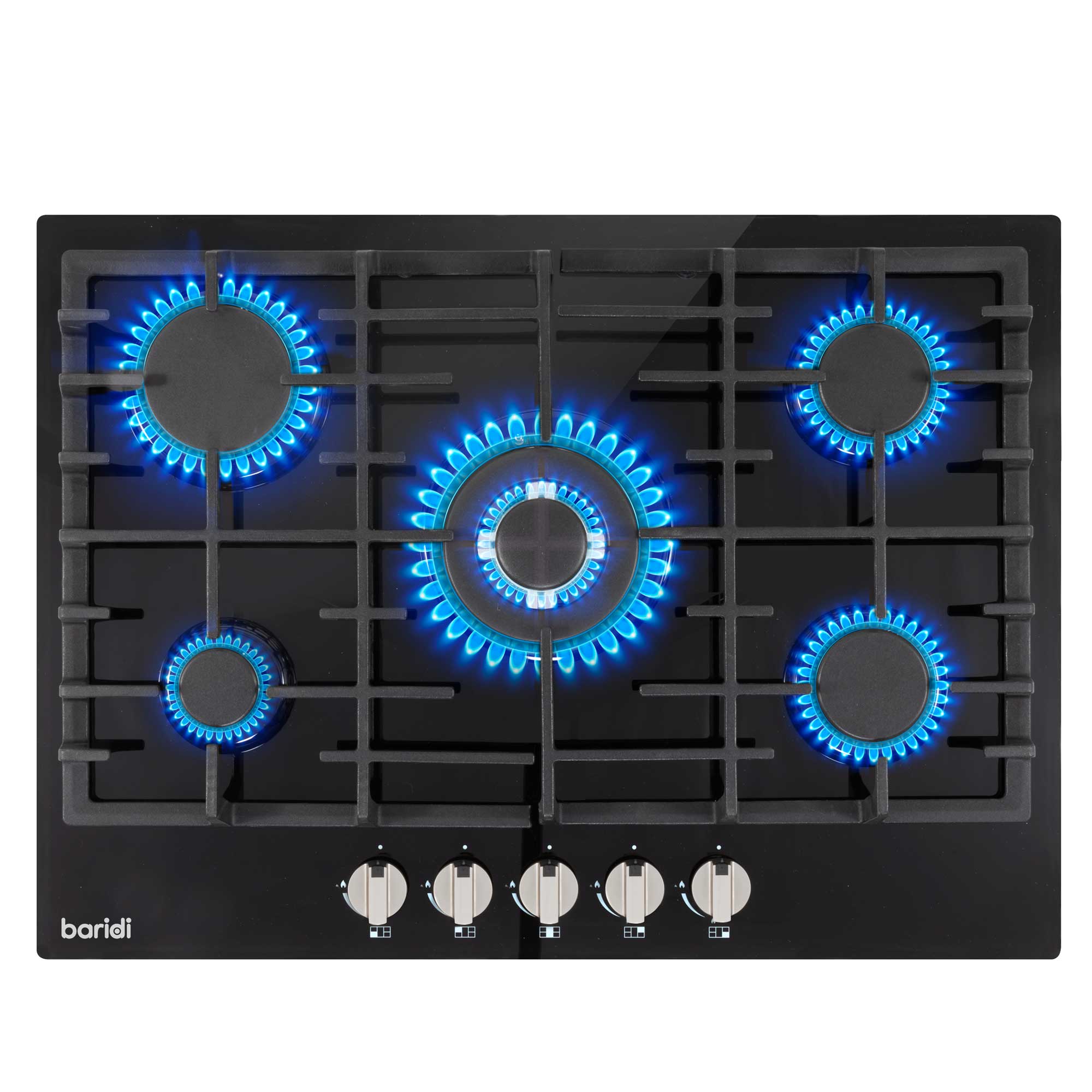 Baridi 70cm Gas on Glass Hob Built-In, 5 Burner and Cast Iron Pan Supports, Black Glass - DH228