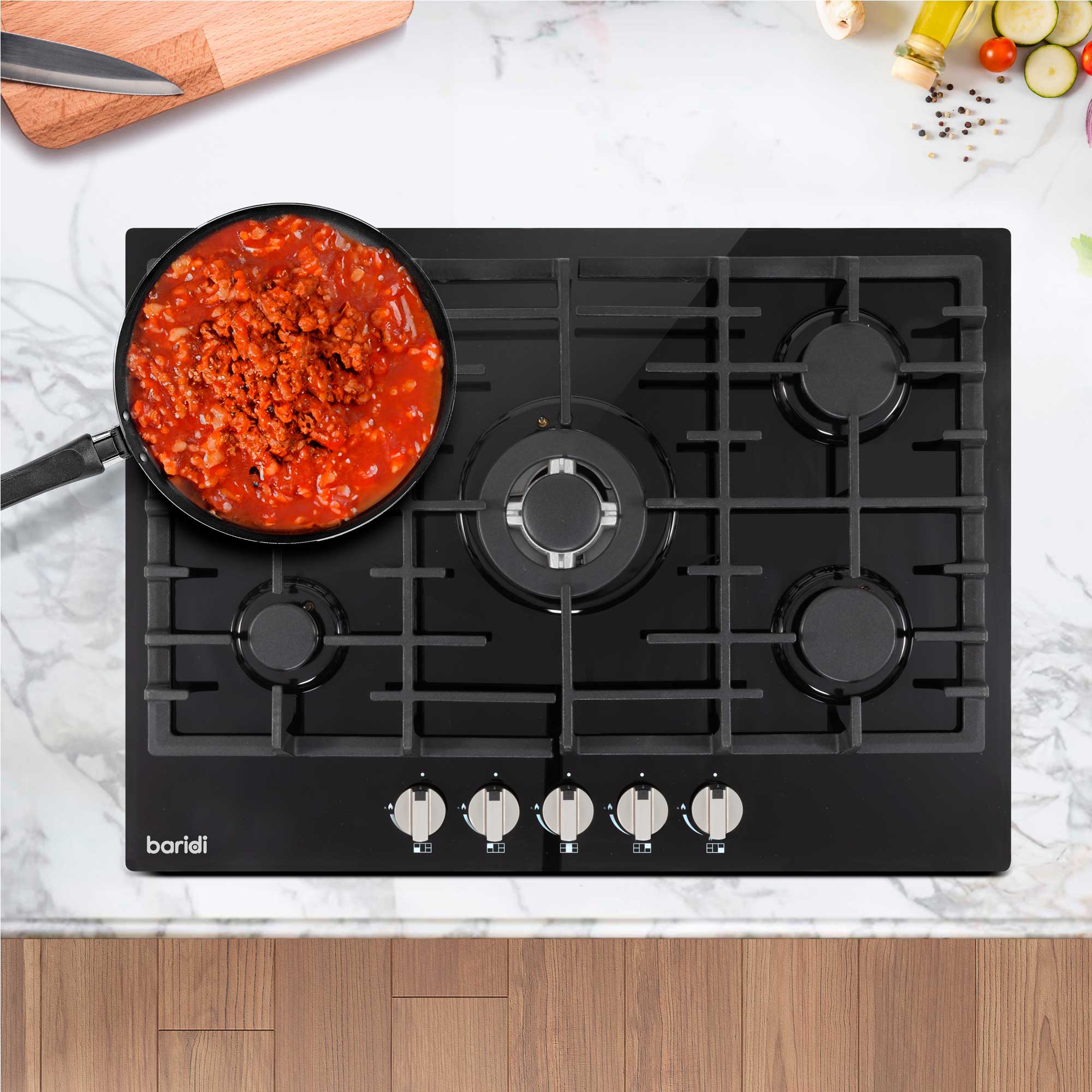 Baridi 70cm Gas on Glass Hob Built-In, 5 Burner and Cast Iron Pan Supports, Black Glass - DH228