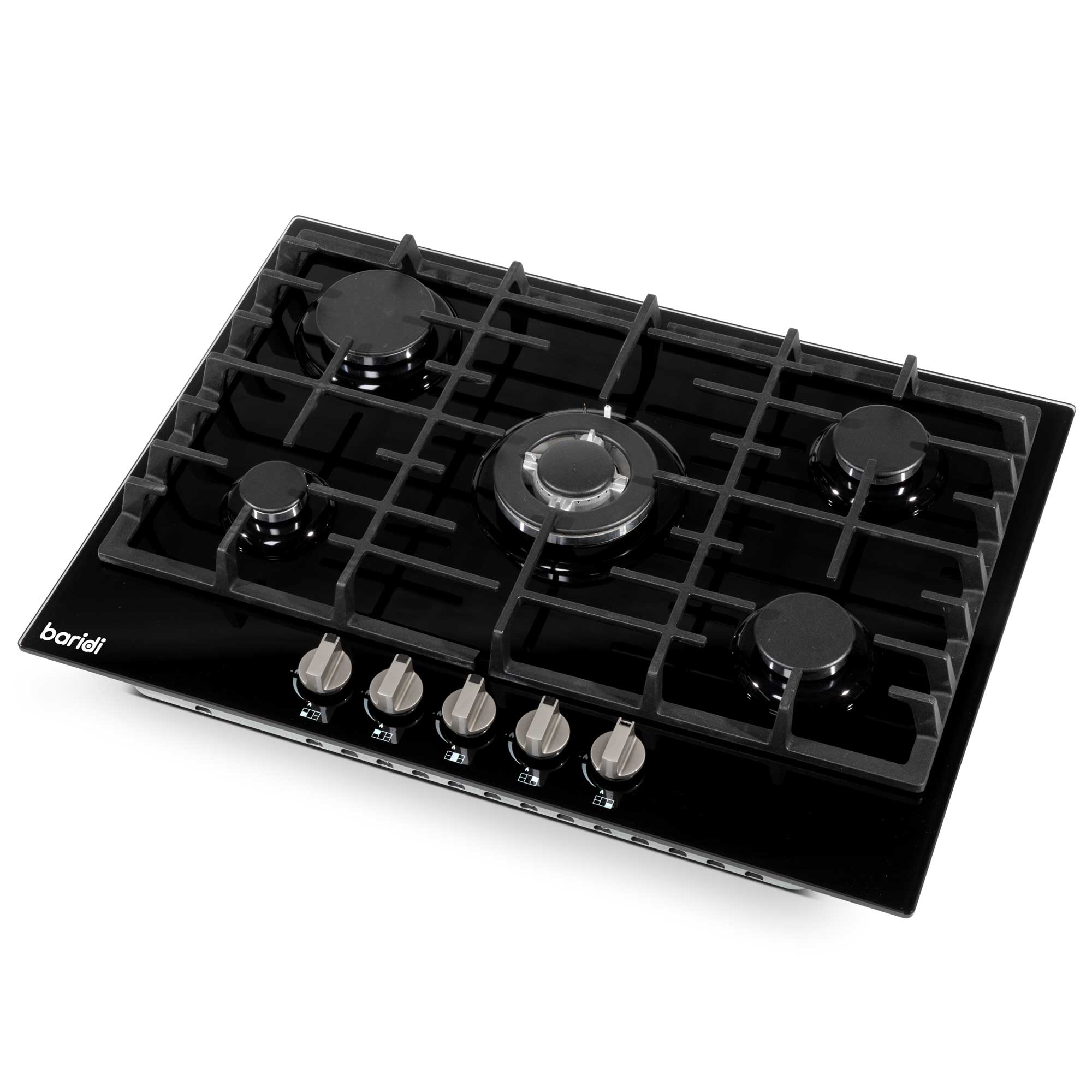 Baridi 70cm Gas on Glass Hob Built-In, 5 Burner and Cast Iron Pan Supports, Black Glass - DH228