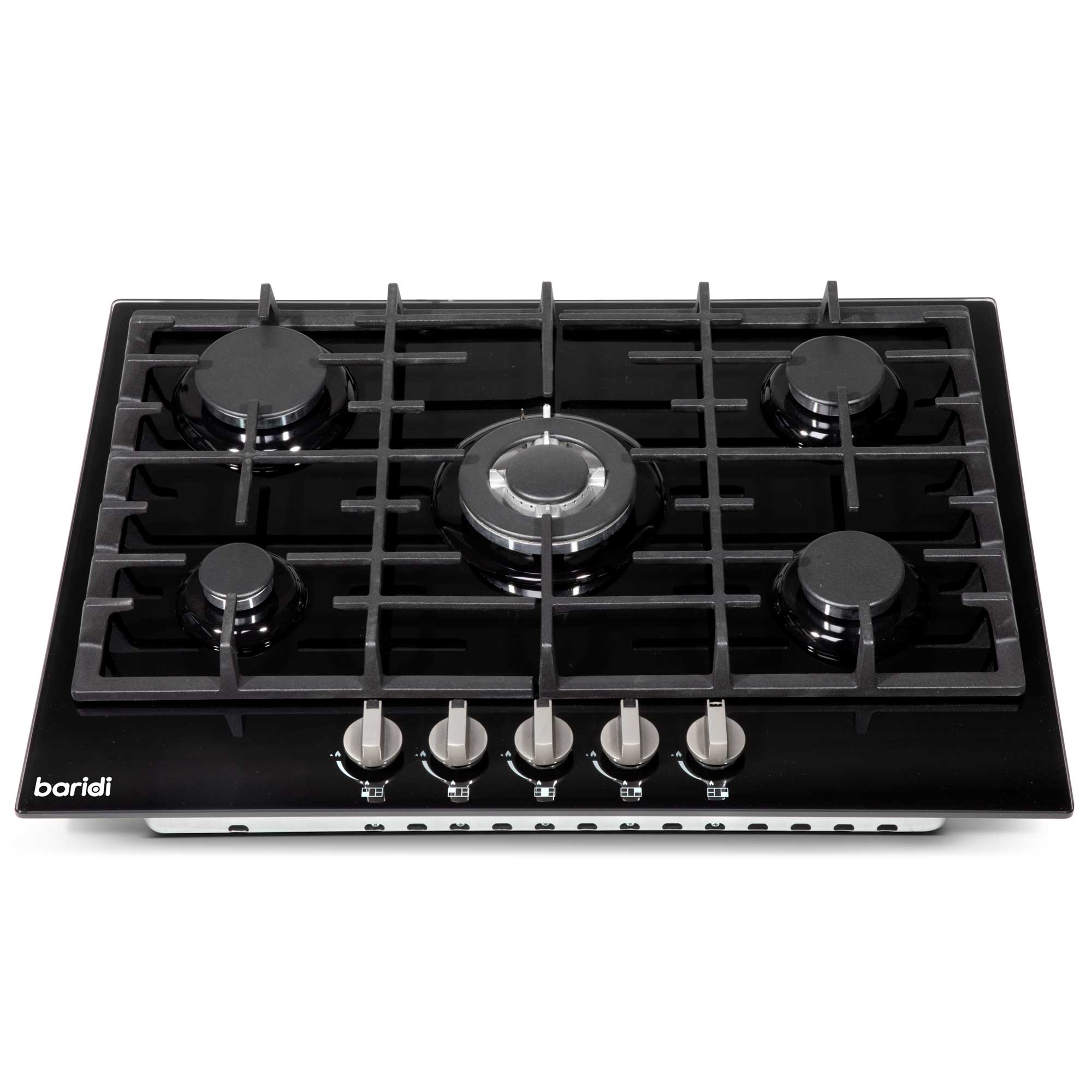 Baridi 70cm Gas on Glass Hob Built-In, 5 Burner and Cast Iron Pan Supports, Black Glass - DH228