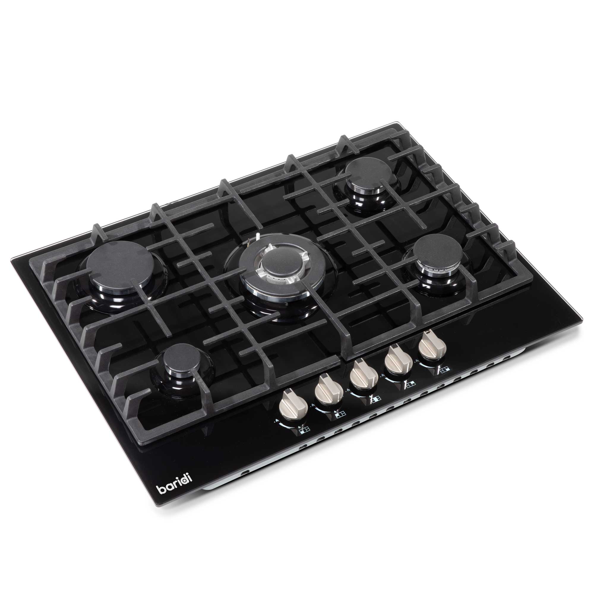 Baridi 70cm Gas on Glass Hob Built-In, 5 Burner and Cast Iron Pan Supports, Black Glass - DH228