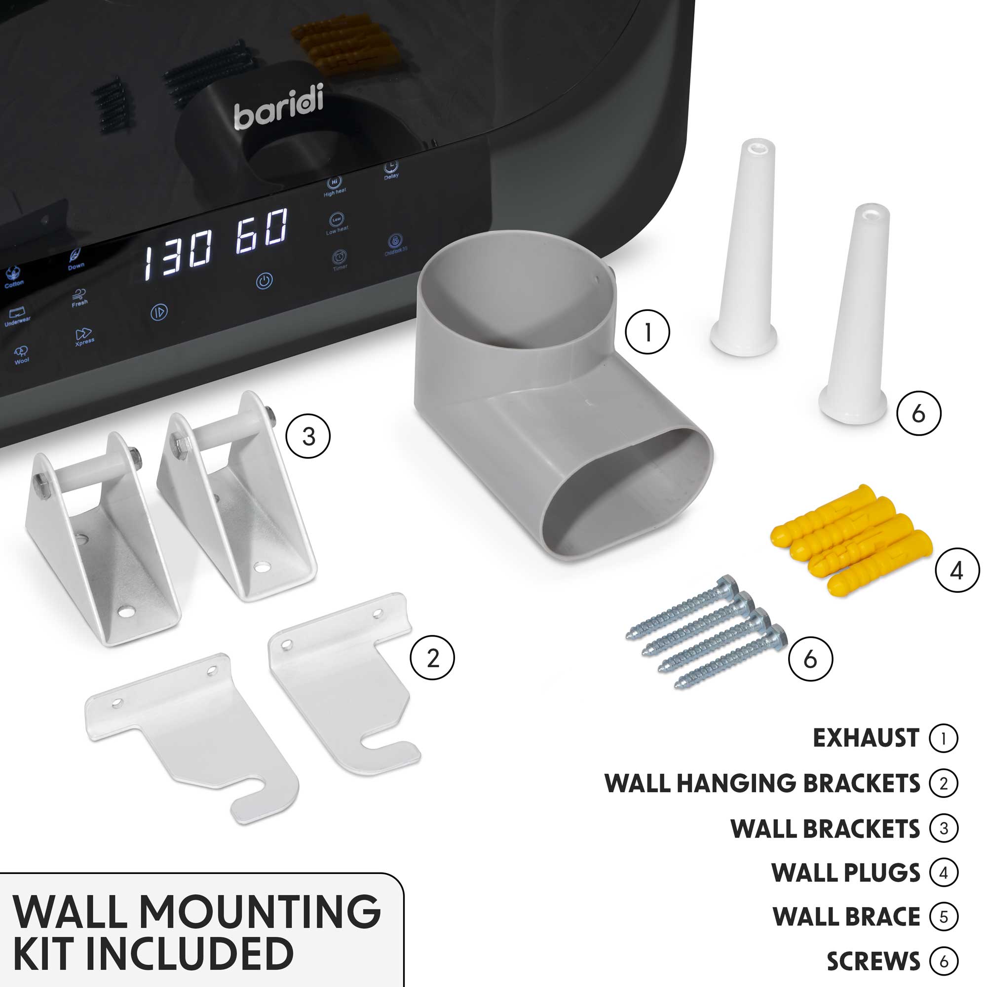 Baridi Mini Tabletop Tumble Dryer with Digital Controls, 2.5kg capactity, includes wall mounted brackets - DH229