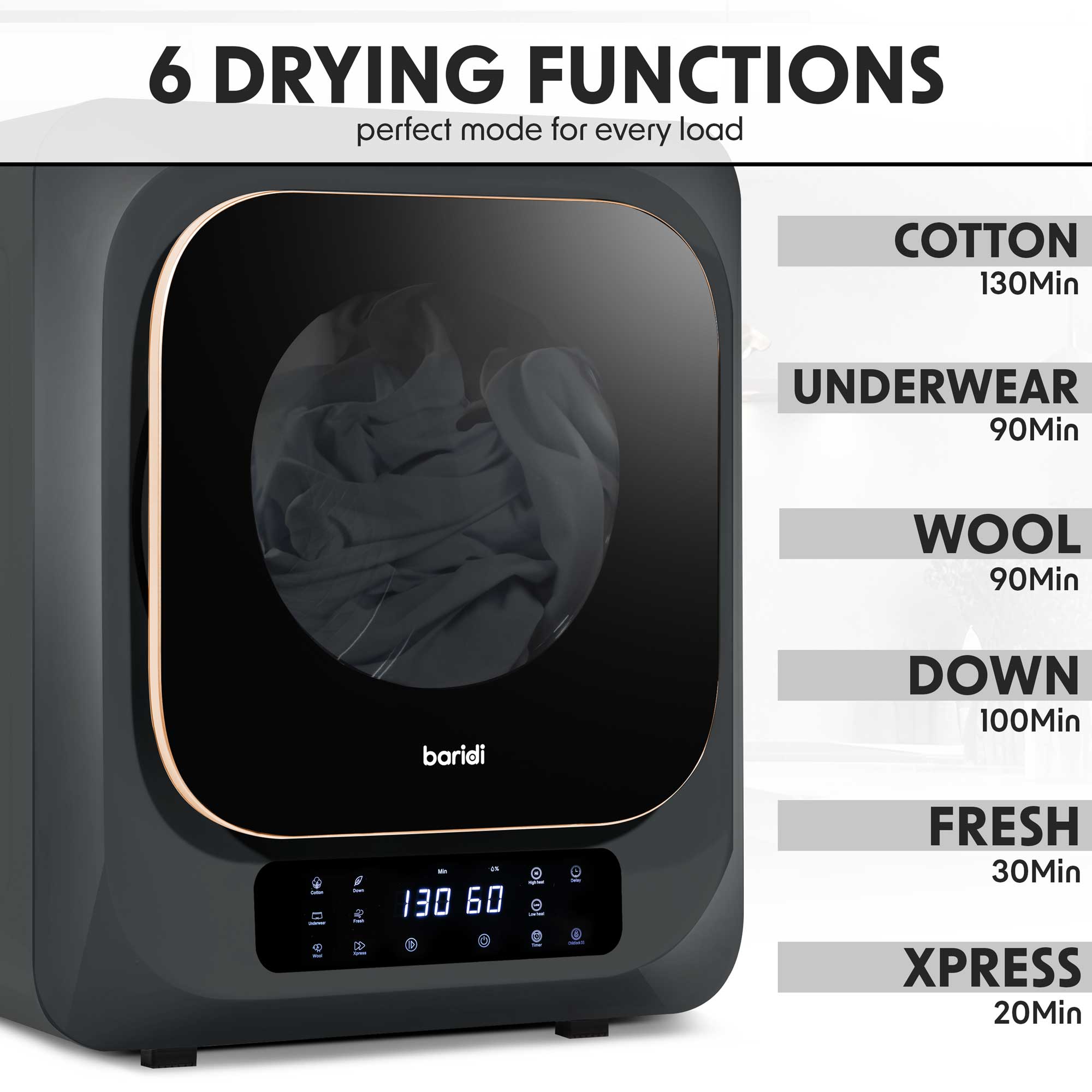 Baridi Mini Tabletop Tumble Dryer with Digital Controls, 2.5kg capactity, includes wall mounted brackets - DH229