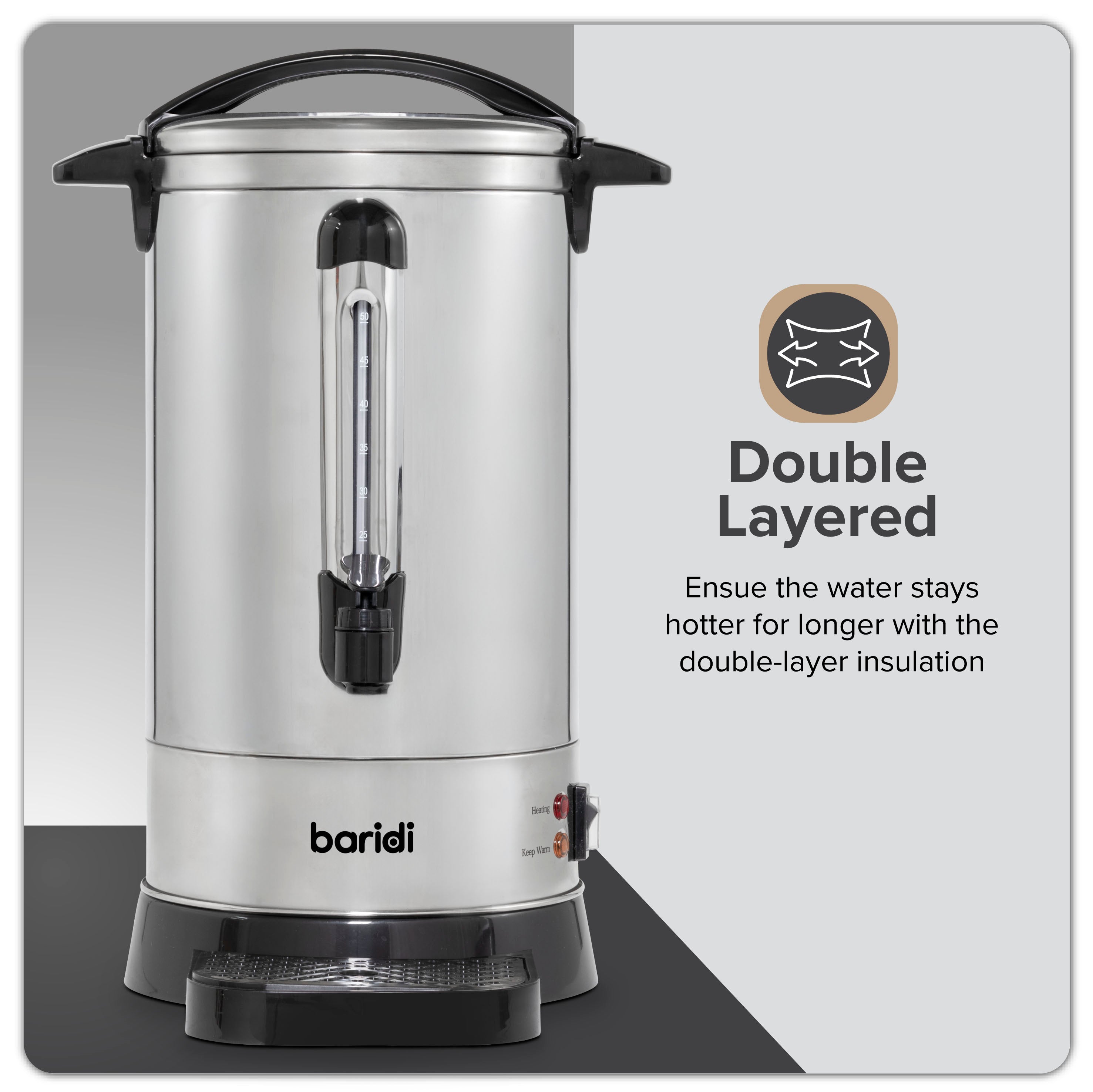 Baridi 10L Hot Water Boiler, Tea Urn with Drip Tray, Keep Warm Function - Stainless Steel - DH269